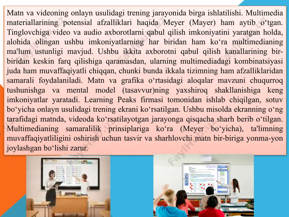 loqot, axborotlarni o’zatish uchun yangi imkoniyatlarning vujudga kelishiga, balki an'anaviy ta'lim va ma'lum ommaviy axborot vositalari bilan taqqoslaganda zamonaviy madaniyatda o‘zgacha o‘rin olgan yangi muammolarning, yechimlarning, yangi kesishish nuqtalarining vujudga kelishi uchun ham imkoniyatlar yaratadi. pedagogika fani tajribalari va amaliyotining shaxsga yo‘naltirilgan ta'lim modeliga diqqati ko‘p jihatdan ilmiy qarashlari markazida insonga urg‘u beriluvchi falsafiy qarashlar taraqqiyoti bilan bog‘langan. ta'lim oluvchilarning individual xususiyatlarini hisobga olish va ularning manfaatdorligini (motivatsiyasini) oshirishga ko‘maklashish imkoniyatlariga ko‘ra, shuningdek, har xil turdagi multimediali o‘quv axborotlarining uyg‘unlashuvi, interfaollik, moslashuvchanlik sifatlariga ko‘ra multimedia foydali va mahsuldor ta'lim texnologiyasi hisoblanadi. interfaollikning ta'minlanishi axborotlarni taqdim etishning boshqa vositalari bilan taqqoslaganda raqamli multimedianing muhim yutuqlaridan hisoblanadi. interfaollik ta'lim oluvchining ehtiyojlariga mos ravishda tegishli axborotlarni taqdim etishni nazarda tutadi. interfaollik ma'lum bir darajada axborotlarni taqdim etishni boshqarish imkonini beradi: ta'lim oluvchilar dasturda belgilangan sozlovlarni individual tarzda o‘zgartirishi, natijalarini o‘rganishi, foydalanuvchining muayyan xohishi haqidagi dastur so‘roviga javob berishi, materiallarni taqdim etish tezligini hamda …