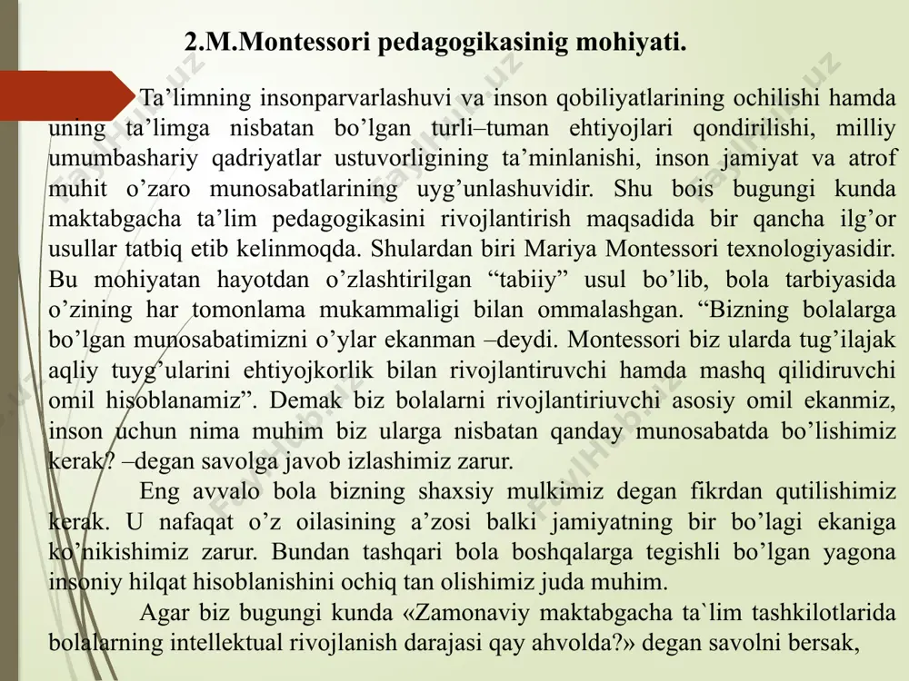 liyot birlashadi. xuddi shu haqida m.montessori" maktabni amalda yaxshilamoq uchun nazariya va amaliyotni birlashtirish kerak "- deb yozadi. montessori metodikasining bosh g‘oyasi: “buni mustaqil bajarishga yordam ber" ya’ni bolani mustaqil rivojlanishiga turtki berishdan iborat. montessori metodikasi har bir bolaga cheksiz tanlov erkinligini beradi. unga asosan, har bir bola bugun nima bilan shug‘ullanishini hal qilishni mustaqil ravishda tanlay oladi. montessori sistemasida ta’lim olgan bolalarda o‘qishga nisbatan intilish, mas’uliyatlilik, intizomlilik xislatlari oson rivojlanadi. bu bolalar mehnatsevarligi, intiluvchanligi, xulq–atvori ijobiyligi bilan ajralib turadilar. 3.m.montessori tizimining asosiy qoidalari. mariya montessorining bolalarga yondashuvi o‘ziga xos bo‘lib, uning metodi bolani har tomonlama rivojlantirishga yordam beradi. montessori metodikasi boʻyicha bola maxsus yaratilgan muhit yordamida mustaqil ta’lim oladi. montessori materiallarida bolaning o‘z-o‘zini nazorat qilish, xatolarini o‘zi topib, mustaqil tuzatishga sharoit yaratilgan. kattalar bolani faqat yo‘naltirib, zarur hollarda rag‘batlantirib turishadi. ularning vazifasi bolalarga ta’lim berish emas, balki ularning mustaqil faoliyatiga rahbarlik qilib turishdan iborat. steam taʼlim texnologiyasidagi m.montessori metodikasining …