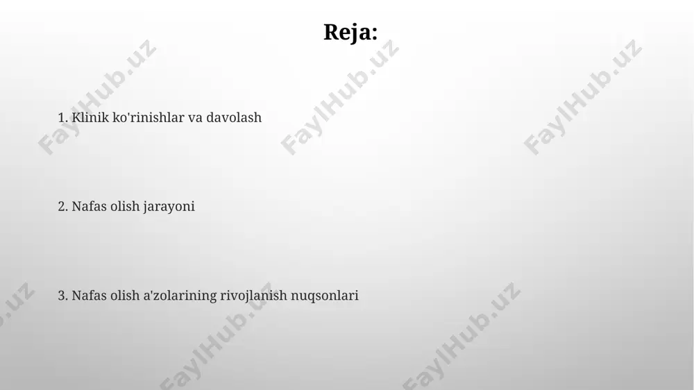 uriladi, bu o'pka rivojlanishini yaxshilashga yordam beradi. nafa yoʻllarining rivojlanish nuqsonlari 1:3000 yangi tugʻilgan chaqaloqlarda uchraydigan tugʻma diafragma herniyasi, oʻpka rivojlanishini buzadi va jiddiy nafas olish muammolari bilan kechadi, tezkor jarrohlik aralashuvni talab qiladi. oʻpka gipoplaziyasi, oʻpkaning rivojlanmaganligi, tugʻma diafragma herniyasi bilan bogʻliq boʻlib, yangi tugʻilgan chaqaloqlarda nafas olish qiyinchiliklariga olib keladi. diafragmaning rivojlanish nuqsonlari diafragma eventeratsiyasi, diafragmaning to'liq rivojlanmaganligi bilan bog'liq bo'lib, o'pkaning rivojlanishiga va funktsiyasiga jiddiy ta'sir ko'rsatadi, bu esa nafas olish qiyinchiliklariga va gipoksiyaga olib keladi. diafragma herniyasi, qorin bo'shlig'idagi organlarning ko'krak qafasiga ko'chishi bilan tavsiflanadi, bu holat 2500 ta tug'ilishdan 1 tasida uchraydi va nafas olish va yurak-qon tomir tizimining faoliyatiga jiddiy ta'sir ko'rsatadi. nafas olish a'zolarining rivojlanish nuqsonlari o'pka gipoplaziyasi, o'pkaning yetarlicha rivojlanmaganligi, o'pka hajmining 50% dan kam bo'lishini o'z ichiga oladi va og'ir nafas olish qiyinchiliklariga olib keladi. diafragma churrasi, diafragmaning to'liq yopilmasligi sababli, qorin bo'shlig'idagi organlar ko'krak qafasiga ko'chib o'tishi bilan tavsiflanadi va …