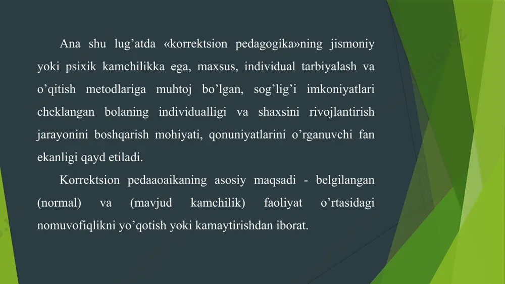 ta’sir ko’rsatish chora-tadbirlari tizimidan iborat. korrektsion - tarbiyaviy masalalarida sinf va sinfdan tashqari ishlarning barcha tur va shakllaridan foydalaniladi. korrektsion —tarbiyaviy ishlar anomal bolalarni o’qitish jarayonida amalga oshiriladi va mehnat tarbiyasini samarali tashkil etish uchun katta imkoniyatlar yaratadi. mehnat ta’limi jarayonida faqat kasbiy malakalari emas, balki o’z ishlarini rejalashtirish ko’nikmalari, og’zaki ko’rsatmalarga amal qilish malakasi, ishning sifatini tanqidiy baholash va boshqa malakalari tarbiyalanadi. kamchiliklarini tuzatish yordamida anomal bolalarning normal rivojlangan bolalar bilan aloqalari uchun sharoitlaryaratish muhimdir. bir qator hollarda anomal bolalar uchun davolash-korrektsion tadbirlar (davolash jismoniy mashqlari, masala, artikulyar va nafas olish gimnastikasi, dori-darmonlar qabul qilish va boshqalar) ni tashkil etish zarur bo’ladi. kompensatsiya (yunoncha «compensatio» — o’rnini to’ldirish, tenglashtirish) organizmning buzilgan yoki rivojlanmagan funktsiyalarining o’rnini to’ldirish yoki qayta qurishdir. kompensatsiya jarayoni oliy nerv faoliyatining zahira imkoniyatlariga tayanadi. litimoiv reabilitatsiva (yunoncha «rehabilitas» — layoqati, qobiliyatini tiklash) tibbiy-pedagogik mazmunida anomal bolaning psixofiziologik imkoniyatlari darajasida ijtimoiy muhitda ishtirok etishi uchun sharoit yaratish, …