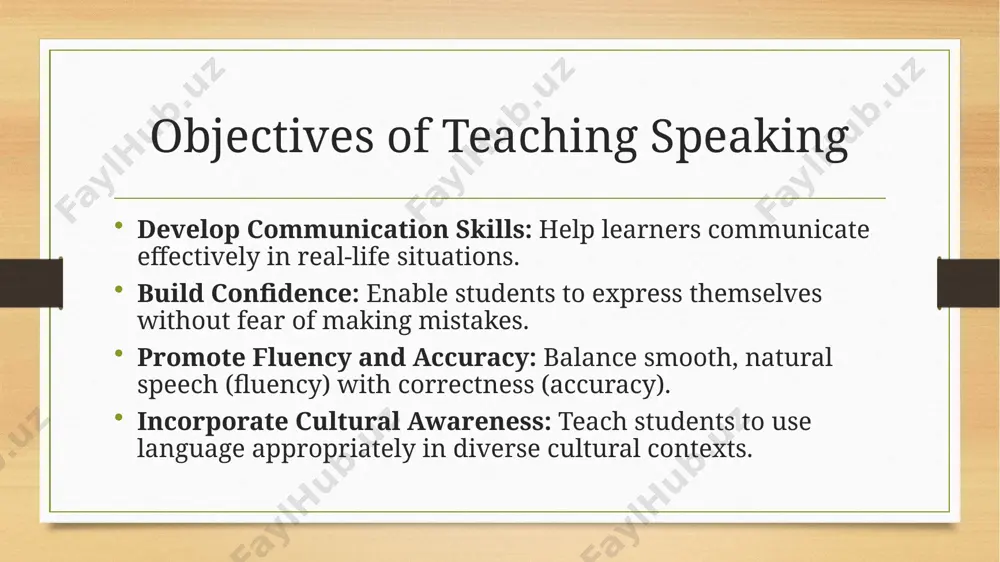 uage exchanges: platforms like italki or tandem connect learners with native speakers for real-time speaking practice. conclusion teaching speaking is a dynamic and essential part of language instruction that requires creativity, patience, and adaptability. the ultimate goal is to enable learners to use the language in real-life situations confidently and effectively. a successful speaking program balances accuracy with fluency, integrates meaningful practice, and fosters a supportive environment that encourages learners to take risks and grow. by incorporating diverse activities, addressing challenges, and leveraging modern resources, educators can ensure their students become proficient and articulate speakers. image5.png image6.png image3.png image4.png /docprops/thumbnail.jpeg