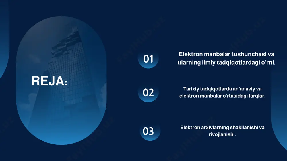 tirar va ko‘p hollarda imkoniyatlarni cheklab qo‘yardi. 02 elektron arxivlarning shakllanishi va rivojlanishi elektron arxivlar bu tarixiy hujjatlar, rasmiy ma’lumotlar, qo‘lyozmalar, suratlar, videolar va boshqa turdagi materiallarni raqamlashtirib saqlash va ulardan foydalanish imkonini beruvchi zamonaviy tizimlardir. ularning shakllanishi xx asrning ikkinchi yarmida kompyuter texnologiyalarining tez sur’atlarda rivojlanishi bilan bog‘liq. dastlab elektron arxivlar cheklangan hajmdagi ma’lumotlarni saqlash uchun yaratilgan bo‘lsa, bugungi kunda ular millionlab hujjatlarni o‘z ichiga oluvchi yirik raqamli markazlarga aylangan. 03 elektron arxivlarning rivojlanishi uch bosqichda kuzatiladi: birinchi bosqich 1960–1980-yillarda elektron ma’lumotlarni magnit lentalar va disketlarda saqlash davri bo‘lib, bunda faqat ayrim muassasalar hujjatlarni raqamlashtirish bilan shug‘ullangan. ikkinchi bosqich 1990-yillardan boshlab internetning ommalashuvi bilan elektron arxivlarga keng jamoatchilik kira boshladi. bu davrda davlat arxivlari, milliy kutubxonalar va ilmiy markazlar o‘z fondlarini raqamlashtirishga katta e’tibor qaratdilar. uchinchi bosqich xxi asrda elektron arxivlar global tarmoqqa ulangan holda xalqaro ilmiy hamkorlik uchun ochiq platformalarga aylandi. bugungi kunda google books, europeana, world digital …