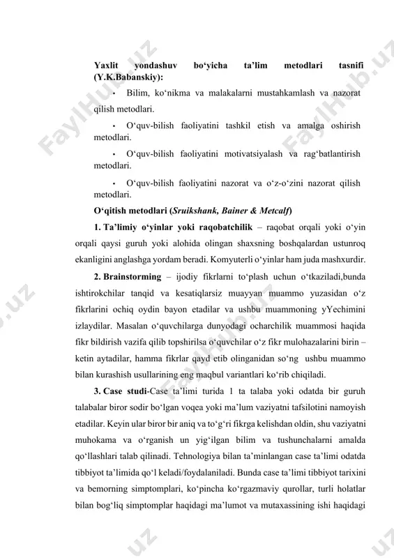 ishtirokchilar tanqid va kesatiqlarsiz muayyan muammo yuzasidan o‘z fikrlarini ochiq oydin bayon etadilar va ushbu muammoning yyechimini izlaydilar. masalan o‘quvchilarga dunyodagi ocharchilik muammosi haqida fikr bildirish vazifa qilib topshirilsa o‘quvchilar o‘z fikr mulohazalarini birin – ketin aytadilar, hamma fikrlar qayd etib olinganidan so‘ng ushbu muammo bilan kurashish usullarining eng maqbul variantlari ko‘rib chiqiladi. 3. case studi-case ta’limi turida 1 ta talaba yoki odatda bir guruh talabalar biror sodir bo‘lgan voqea yoki ma’lum vaziyatni tafsilotini namoyish etadilar. keyin ular biror bir aniq va to‘g‘ri fikrga kelishdan oldin, shu vaziyatni muhokama va o‘rganish un yig‘ilgan bilim va tushunchalarni amalda qo‘llashlari talab qilinadi. tehnologiya bilan ta’minlangan case ta’limi odatda tibbiyot ta’limida qo‘l keladi/foydalaniladi. bunda case ta’limi tibbiyot tarixini va bemorning simptomplari, ko‘pincha ko‘rgazmaviy qurollar, turli holatlar bilan bog‘liq simptomplar haqidagi ma’lumot va mutaxassining ishi haqidagi turli xil fikrlar bog‘liqligi to‘g‘risidagi resurslarni o‘z ichiga oladi. talabalar esa ma’lum bir fikrga kelishdan oldin hamma berilgan …