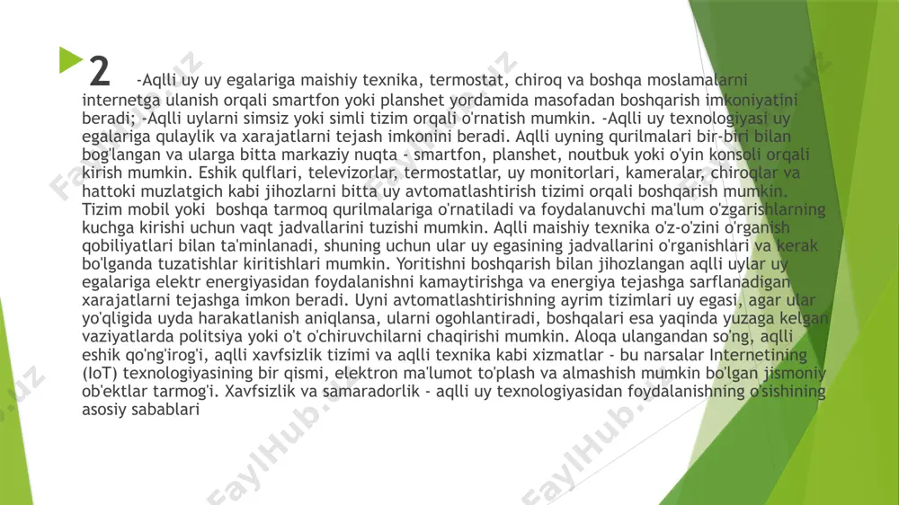 illi uy" bu isnon manfatlari uchun xizmat qiladigan ajoyib kashfiyot. insoniyat rivojlanishda davom etar ekan insonlar uchun xizmat qiladigan bunday tizimlar yildan yilga mukammallashib boraveradi. umuman olganda, ushbu soha hali ham rivojlanib bormoqda va har bir qurilmaning tabiati doimo o'zgarib turadi. texnologlar xavfsizroq, soddalashtirilgan va standartlashtirilgan xavfsizlik protokollarini yaratish ustida ish olib borayotganda, istemolchilar ushbu qurilmalar qanday ishlashi va ularni o‘z uylariga joylashtirishning oqibatlari haqida ko'proq bilib olishlari kerak. hozirgi kunda ushbu sohaning o'sishi nafaqat texnologiya, balki foydalanuvchining qurilmaga ishonishi va uni o'zining kundalik hayotiga muvaffaqiyatli singdirish qobiliyati bilan ham cheklangan. e’tiboringiz uchun rahmat image1.jpeg image2.jpeg
