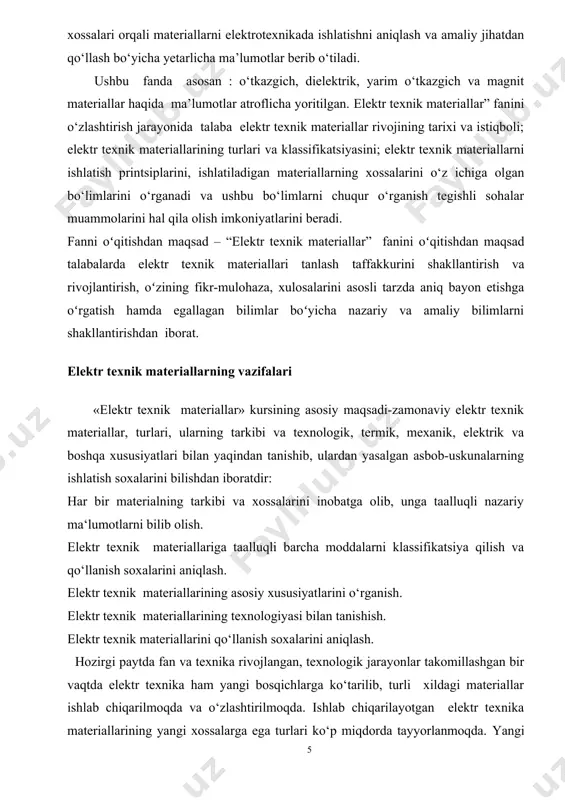 rim o‘tkazgich va magnit materiallariga bo‘linadi: elektr stansiyalarida ishlab chiqarilgan elektr tokini havo va kabel orqali uzatuvchi uzatgichlar bilan iste’molchilarga yetkazib berishda o‘tkazuvchi materiallar ishlatiladi. bu materiallar katta elektr o‘tkazuvchanlikka ega sof metallardan tayyorlanadi.(1.1-rasm) 1.1- rasm o‘tkazgichlar agar metallarning qarshiligi katta bo‘lishi talab etilsa, u holda metallar aralashmasidan iborat qotishmalardan foydalaniladi. izolyatsion materiallar yoki dielektriklar apparat uskunalarda elektr toki oqimini cheklash uchun ishlatilgani sababli, ular juda katta elektr qarshilikka ega bo‘lishi shart. dielektrik sifatida juda ham ko‘p turdagi organik va anorganik materiallar qo‘llaniladi. bu materiallar gaz, suyuq va qattiq agregat holatda bo‘lishi mumkin. (1.2-rasm) 1.2- rasm dielektriklar yarim o‘tkazgichlar o‘zining elektr o‘tkazuvchanligi jihatidan o‘tkazgich bilan dielektrikl orasida joylashgan bo‘lib, zamonaviy texnikada keng qo‘llaniladi. materiallarda yarim o‘tkazuvchanlik xossalari, ko‘pincha, tayyor mahsulot olish paytida hosil bo‘ladi.(1.3-rasm)2 1.3- rasm yarim o‘tkazgichlar magnitli elektr texnika asbob-uskunalarida magnit oqimini hosil qilish yoki o‘tkazish maqsadida magnit materiallari qo‘llaniladi. bu materiallardan ma’lum darajada magnit xossalari talab etiladi. …