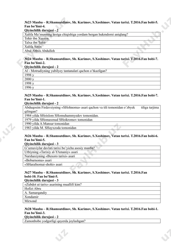 k darajasi - 3 «tarixi al yamaniy» asari qaysi davlat tarixiga bag’ishlangan? g’aznaviylar davlati somoniylar davlati qoraxoniylar davlati saljuqiylar davlati №33 manba – r.shamsutdinov, sh. karimov, s.xoshimov. vatan tarixi. t.2016.fan bobi-6. fan bo’limi-7. qiyinchilik darajasi - 3 fors tarixchisi al-kozoniy qaysi shaharni kuyovning uyida kyelinni tasvirlovchi farishtalar e’tiborini qozongan go’zal shahardir dyeb tasvirlaydi? gurganchni xiva buxoro samarqand №34 manba – r.shamsutdinov, sh. karimov, s.xoshimov. vatan tarixi. t.2016.fan bobi-10. fan bo’limi-8. qiyinchilik darajasi - 2 xv asr birinchi yarmida hirotdagi badiiy san’at akadyemiyasiga kim asos solgan? boysung’ur mirzo kamoliddin behzod alisher navoiy husayn boyqaro №35 manba – r.shamsutdinov, sh. karimov, s.xoshimov. vatan tarixi. t.2016.fan bobi-6. fan bo’limi-2. qiyinchilik darajasi - 2 somoniylar davriga oid karmanadagi mye’morchilik yodgorligi? mirsaid bahrom maqbarasi sulton saaodat ismoil somoniy maqbarasi ko’k ota maqbarasi №36 manba – r.shamsutdinov, sh. karimov, s.xoshimov. vatan tarixi. t.2016.fan bobi-4. fan bo’limi-3. qiyinchilik darajasi - 2 zarafshon daryosi xitoy manbalarida kanday atalgan? …