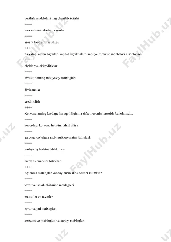 lar ==== sof tushum / jami aktivlar – jami passivlar ==== sof tushum / jami aktivlar ==== jami aktivlar / sof tushum ++++ likvidlik nima. ==== aktivlarni eskirishi ==== aktiv va passivlarni farki ==== foyda xisobdashusuli ==== aktivlarni pulga aylanish xususiyati ++++ tez likvidlik koeffisienti uchun kaysi kursatkich bulishi tavsiya etiladi. ==== 0.2 – 0.5 ==== 1-2 ==== 0.5 ==== 1 ++++ tmz ni aylanish kobiliyati. ==== sotilgan tovarlar tannarxi / tmz ning urtacha mikdori ==== tmz mikdori / 365 kun ==== sotilgan tovarlar tannarxi – tmz kiymati ==== sotilgan tovarlar tannarxi – tmz ning urtacha mikdori ++++ kapital kuyilmalar, bu: ==== asosiy vositlarni xarid kilish va kengaytirishga ketgan chikimlar ==== ortikcha pul mablaglarni depozitga kuyish ==== xissadorlar ulushini kupaytirish ==== foydadan ajratilishi shart bulgan summa ++++ davlat byudjetining asosiy funktsiyalari: ==== yaimni qayta taqsimlash, iqtisodiyotni davlat tomonidan tartibga solish va rag'batlantirish; byudjet nazorati; ijtimoiy siyosatni moliyaviy qo'llab-quvvatlash ==== markazlashtirilgan …