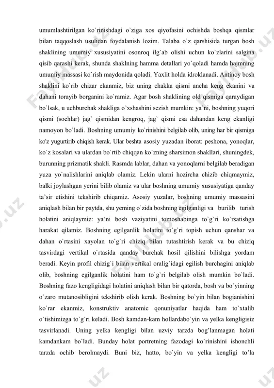 a, yonoqlar, ko`z kosalari va ulardan bo`rtib chiqqan ko`zning sharsimon shakllari, shuningdek, burunning prizmatik shakli. rasmda lablar, dahan va yonoqlarni belgilab beradigan yuza yo`nalishlarini aniqlab olamiz. lekin ularni hozircha chizib chiqmaymiz, balki joylashgan yerini bilib olamiz va ular boshning umumiy xususiyatiga qanday ta’sir etishini tekshirib chiqamiz. asosiy yuzalar, boshning umumiy massasini aniqlash bilan bir paytda, shu yeming o`zida boshning egilganligi va burilib turish holatini aniqlaymiz: ya’ni bosh vaziyatini tomoshabinga to`g`ri ko`rsatishga harakat qilamiz. boshning egilganlik holatini to`g`ri topish uchun qanshar va dahan o`rtasini xayolan to`g`ri chiziq bilan tutashtirish kerak va bu chiziq tasvirdagi vertikal o`rtasida qanday burchak hosil qilishini bilishga yordam beradi. keyin profil chizig`i bilan vertikal oralig`idagi egilish burchagini aniqlab olib, boshning egilganlik holatini ham to`g`ri belgilab olish mumkin bo`ladi. boshning fazo kengligidagi holatini aniqlash bilan bir qatorda, bosh va bo`yinning o`zaro mutanosibligini tekshirib olish kerak. boshning bo`yin bilan bogianishini ko`rar ekanmiz, konstruktiv anatomic qonuniyatlar haqida ham to`xtalib o`tishimizga …