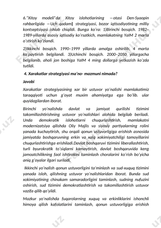 bosqich. 1990–1999 yillarda amalga oshirilib, 4 marta ko‘paytirish belgilandi. 3)uchinchi bosqich. 2000–2050 yillargacha belgilanib, aholi jon boshiga yaim 4 ming dollarga yetkazish ko‘zda tutildi. 4. xarakatlar strategiyasi ma‘no- mazmuni nimada? javobi xarakatlar strategiyasining xar bir ustuvor yo‘nalishi mamlakatimiz taraqqiyoti uchun g‘oyat muxim ahamiyatga ega bo‘lib. ular quyidagilardan iborat. birinchi yo’nalishda davlat va jamiyat qurilishi tizimini takomillashtirishning ustuvor yo’nalishlari alohida belgilab beriladi. unda demokratik islohotlarni chuqurlashtirish, mamlakatni modernizatsiya qilishda oliy majlis va siyosiy partiyalarning rolini yanada kuchaytirish, shu orqali qonun ustuvorligiga erishish asnosida jamiyatda boshqaruvning erkin va xalq xokimiyatchiligi tamoyillarini chuqurlashtirishga erishiladi.davlat boshqaruvi tizimini liberallashtirish, turli byurokratik to‘siqlarni kamaytirish, davlat boshqaruvida keng jamoatchilikning faol ishtirokini taminlash choralarini ko‘rish bo‘yicha aniq g‘oyalar ilgari suriladi. ikkinchi yo’nalish qonun ustuvorligini ta’minlash va sud-xuquq tizimini yanada isloh, qilishning ustuvor yo’nalishlaridan iborat. bunda sud xokimiyatining chinakam samaradorligini taminlash, sudning nufuzini oshirish, sud tizimini demokratlashtirish va takomillashtirish ustuvor vazifa qilib qo‘yildi. mazkur yo‘nalishda fuqarolarning xuquq va erkinliklarini …