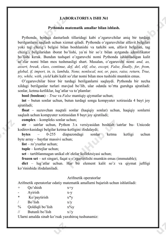 en set – set singari, faqat u o’zgartirilishi mumkin emas (immutable); dict – lug’atlar uchun. har bir element kalit so’z va qiymat juftligi ko’rinishida ifodalaniladi. arifmetik operatorlar arifmetik operatorlar odatiy matematik amallarni bajarish uchun ishlatiladi: + qo’shish x+y - ayirish x-y * ko’paytirish x*y / bo’lish x/y % qoldiqli bo’lish x%y // butunli bo’lish x//y ularni amalda sinab ko’rsak yaxshiroq tushunamiz: from math import sqrt, pow a = int(input("a=")) b = float(input("b=")) c = float(input("c=")) x=(-b+sqrt(pow(b,2)-4*a*c))/(2*a) print("x=", float(x)) from math import pi, pow r=int(input("r=")) l=2*pi*r s=pi*pow(r,2) # print("l=", l, "s=", s) print(f"l={l}\ns={s}") image1.png image2.png image3.png image4.png o'zbekiston respublikasi oliy va o'rta maxsus ta'lim vazirligi islom karimov nomidagi toshkent davlat texnika universiteti « elektronika va avtomatika » fakulteti « obyektga yo ` naltirilgan dasturlash tillari » fanidan laboratoriya ishlari bo’yicha hisobot bajardi: s24 - 18 iat guruh talabasi jalolov m.m qabul qildi: xudoyberdiyev e.f. t oshkent 2022 /docprops/thumbnail.emf o'zbekiston respublikasi oliy …