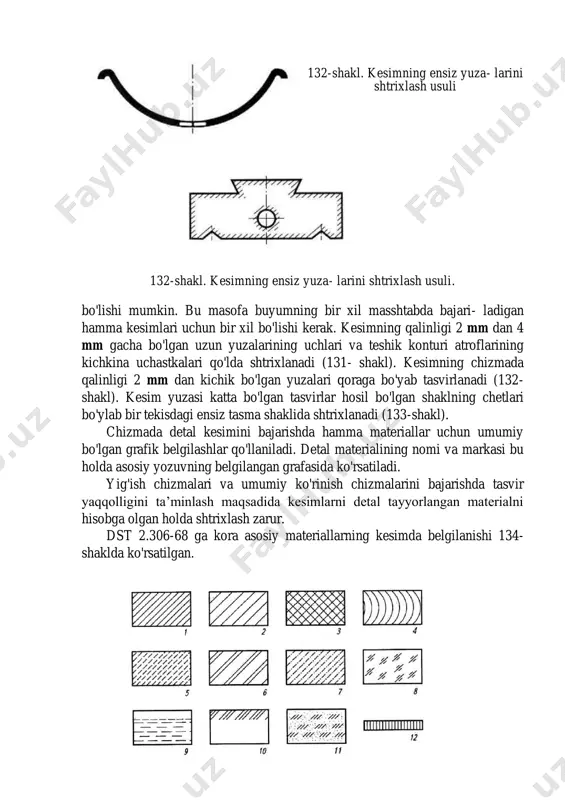 , klinker (kuydirib toshga aylantirilgan sement), sopol, terrakota (kuydirilgan qizg'ish-jigarrrang gil), ixtiyoriy shakldagi sun’iy va tabiiy tosh va h.; 5-shisha materiallarning standartlarda ko'zda tutilmagan belgilashlaridan chizmada ularga qo'shimcha izoh berib foydalanishga ruxsat beriladi. kesimlar ularning chizmada joylashishlariga ko’ra chiqarilgan va qo'yilgan turlarga ajratiladi. chiqarilgan kesimlarni chizmaning ixtiyoriy bosh joyida joylashtirish mumkin. bunday kesimning konturi asosiy tutash chiziq bilan bajariladi (136-shakl, a). qo'yilgan kesimlar bevosita ko'rinishning o'zida joylashtiriladi, ularning konturlari esa ingichka tutash chiziqlar bilan bajariladi.bunda ko'rinishning kontur chizig'i uzilmasdan tasvirlanadi (136- shakl, b). 136-shakl. chizmada: a) chiqarilgan va b) qo'yilgan kesimlarning tasvilanishi kesuvchi tekisliklarning vaziyati chizmada qalinligi s dan 1,5s gacha bo'lgan qarash yo'nalishini ko'rsatuvchi yopiq kesish chizig'i orqali ko'rsatiladi. bunday yopiq chiziq uzunligi tasvir o'lchamlariga qarab 8 dan 20 mm gacha bo lgan oraliqda tanlanadi. bunda shtrix chiziqlar tasvir konturini kesib o'tmasligi kerak. strelkalar shtrix tashqi konturidan 2...3 mm uzoqlikda qo yiladi. strelkalarning olcham va shakli ko'rinishlarni belgilashdagi kabi …