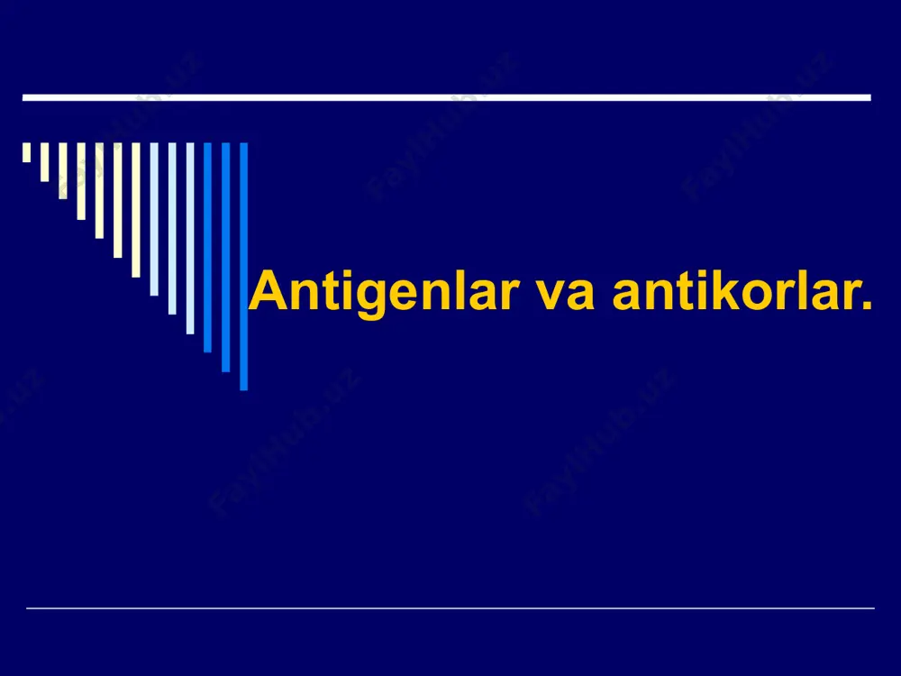 tigen ekzotoksinlar viruslarning antigenlari s - antigen (nukleokapsid) yadro yoki yadro kapsid v - antijenler (yuzaki) h - gemagglyutinin n - neyraminidaza (ekzoenzim) superkapsid antikorlar - qon zardobidagi oqsillar (immunoglobulinlar), antigen kiritilishiga javoban hosil bo'lib, antijen bilan maxsus bog'lanishga va ko'plab immunologik reaktsiyalarda qatnashishga qodir . b limfotsitlari tomonidan sintezlanadi. immunoglobulinlarning tuzilishi antikor tuzilishi immunoglobulinlar sinflari immunoglobulinlar sinflari immunoglobulin g barcha sarum ig ning 70-80% tarkibi 7-24 g/l 2 ta faol markaz (paratoplar) g1, g2, g3 va g4 g1 va g3 tuzatish to'ldiruvchisi g4 sitofildir plasenta orqali o'tadi immunoglobulin a sarum iga - 2 paratop. 10-15% 1,3-5,1 g/l sekretsiya siga 4-6 paratop s- va j- peptidlarni o'z ichiga oladi proteazga chidamli immunoglobulin m pentamer 10 paratop barcha immunoglobulinlarning 5-10% m1 va m2 0,8 – 1,7 g/l birinchi bo'lib antigen stimulga javoban hosil bo'ladi plasenta orqali o'tmaydi immunoglobulinlar e va d ige - reaginlar ig 0,00025 g/l yoki 100ke 1 paratop …