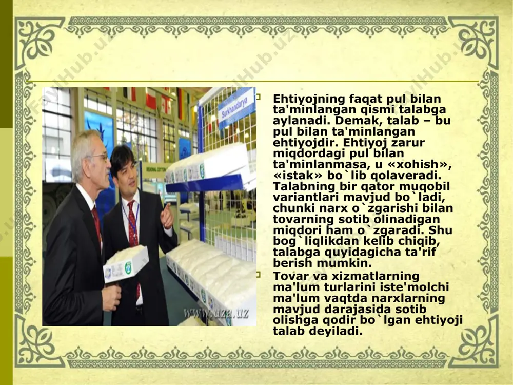 amiz muvozanatli narx tb=tf=n„=m„, bu yerda: tb - talab, tf - taklif, nm - muvozanatli narx, mm -tovarning muvozanatli miqdori. image2.png image3.jpeg image4.jpeg image5.jpeg image6.png image7.png image8.jpeg image9.jpeg image10.jpeg image11.jpeg image12.jpeg image13.jpeg image14.jpeg image1.jpeg