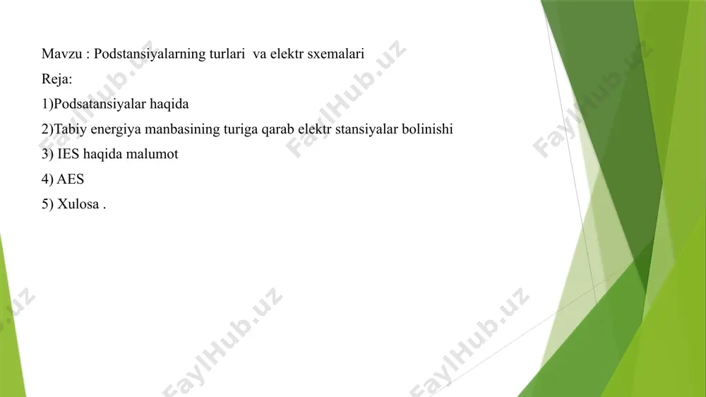 elektr stantsiyalari (dtes-gres) deb ataladi. 2. gidroelektrstantsiyalar va gidroakkumulyatsion elektr stantsiyalar ges va gaes. 3. atom elektr stantsiyalari-aes. 4. gelio elektr stantsiyalari (quyosh es)-qes. 5. geotermal elektr stantsiyalari-gtes. 6. dizel elektr stantsiyalari-des. 7. oqim elektr stantsiyalari-oes. 8. shamol elektr stantsiyalari-shes. 9. magnitogidrodinamik elektr stantsiyalari-mgd es elektr sxemalari chiziqli sxemalar elektr tizimlarini grafik tasvirlash uchun foydalaniladigan oddiy va aniq sxemalar. chiziqli sxemalar asosiy komponentlar va ularning o'zaro bog'liqligini ko'rsatadi. blok-sxemalar elektr tizimlarining umumiy tuzilishini aks ettiruvchi sxemalar. blok-sxemalar tizimning asosiy komponentlarini va ularning o'zaro aloqalarini umumiy ko'rinishda tasvirlaydi. prinsipial sxemalar elektr zanjirlarining to'liq ma'lumotlarini aks ettiruvchi batafsilroq sxemalar. prinsipial sxemalar qurilma va tizimlarning ishlab chiqilishi, sozlanishi va ta'mirlash uchun juda muhim. montaj sxemalari elektr qurilmalarni o'rnatish, yig'ish va tutashtirish uchun foydalaniladigan sxemalar. montaj sxemalari komponentlarning o'lchami, o'rni va tutashuvlarini aniq ko'rsatadi. 5 atom elektr stantsiyalari. aes-larni xar qanday geografik rayonga qurish mumkin, faqat suv bilan yaxshi tahminlangan boʻlishi zarur (5-rasm). aes-larning …