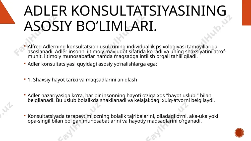ayonida mijozning hayotiy maqsadlari va ular qanday shakllangani tahlil qilinadi. bu jarayonda mijozning o‘z harakatlaridagi mantiqsizliklar ochib berilib, konstruktiv yo‘nalishlar ko‘rsatiladi. ijodiy men tushunchasi bilan ishlash adler inson shaxsiyatini ijodkorlik qobiliyati bilan tushuntiradi. u insonni o‘z hayotini yaratishga qodir ijodkor deb biladi. konsultatsiyada mijozning o‘z hayotiga ijodiy yondashishi rag‘batlantiriladi. oilaviy dinamikani o‘rganish adler terapiyasida mijozning oiladagi o‘rni (to‘ng‘ich, kenja yoki yagona farzand) va uning bu o‘rindan kelib chiqadigan xatti-harakatlari tahlil qilinadi. oiladagi nizolar va ularning shaxsiy rivojlanishga ta’siri aniqlanadi. maqsadga yo‘naltirilgan yondashuv adler nazariyasida inson xatti-harakatlari maqsadga yo‘naltirilgan deb hisoblanadi. konsultatsiya jarayonida mijozning harakatlari va ularning orqasidagi maqsadlar o‘rganiladi. ushbu maqsadlarning konstruktiv yoki destruktiv ekanligi aniqlanadi va kerak bo‘lsa, yo‘nalish o‘zgartiriladi. xulosa alfred adlerning konsultatsion metodlari shaxsning ijtimoiy hayotdagi roli, bolalik xotiralari va shaxsiy kamchilik hissini tahlil qilishga asoslanadi. u insonni o‘z hayotini boshqaruvchi ijodkor shaxs deb bilib, maqsadga yo‘naltirilgan yondashuvni targ‘ib qiladi. pastlik kompleksini yengish va ustunlikka konstruktiv intilish …