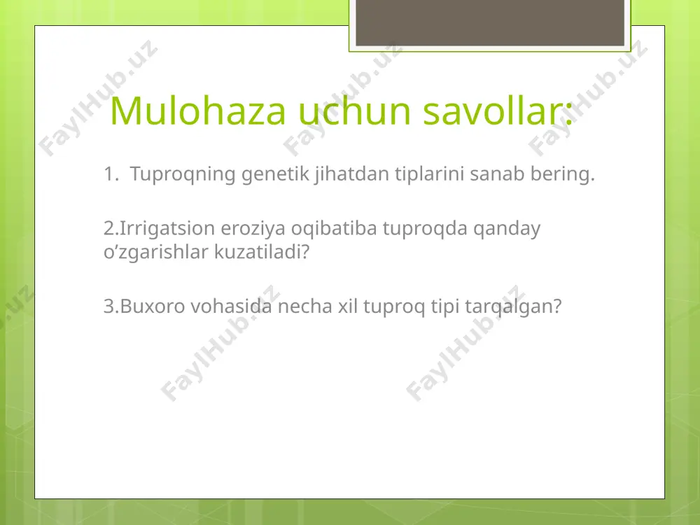 q xo’jaligi ko’hna tarixga ega. insoniyatning rivojlanishi o’z navbatida dehqonchilik rivojlanishiga olib keldi. yer sharida odamlarning ko’payishi oziq-ovqat mahsulotlari turlari ko’payishiga, sanoatning rivojlanishi oqibatida o’simliklar mahsulotining ko’payishiga olib keldi. bu esa o’z navbatida yangi fan o’simlikshunoslik rivojlanishiga olib kelgan. o’simlikshunoslik tarmoqlari dalachilik, bog’dorchilik, sabzavotchilik, uzumchilik, o’rmonchilik, gulchilik, yem-xashak ekinlari donli va dukkakli ekinlarni, tugunak mevalilar, ildizmevalilar, poliz ekinlari, tolalilar, moyli, yem-xashak va narkotik ekinlarni o’simlikshunoslik ilmiy fan sifatida quyidagilarni o’rganadi o’simliklar botanik-biologik xususiyatiga va ishlab chiqarishiga qarab quyidagi guruhlarga bo’linadi: donli ekinlar don ekinlari (kuzgi va bahorgi) : bug’doy, arpa, javdar, suli bahorgi don ekinlari: makkajo’xori, jo’xori, sholi, tariq dukkakli don ekinlari: no’xat, mosh, soya, yasmiq, burchoq, xashaki dukkak, loviya va ko’k no’xat образец текста второй уровень третий уровень четвертый уровень пятый уровень ildiz mevalilar, tuganak mevalilar ildiz mevalilar: vika, qand lavlagi, xashaki lavlagi, xashaki sabzi, turpens tuganak mevalilar: kartoshka, topinambur, batat образец текста второй уровень третий уровень четвертый уровень …