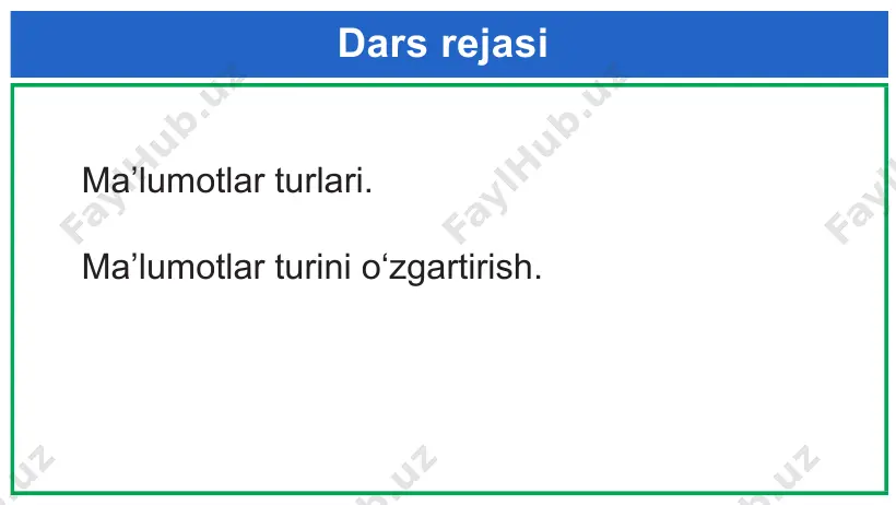 tuzing. 2. quyidagi o‘zgaruvchilar turini aniqlang: alfa = 8764; beta = ‘lola’. 3. o‘zgaruvchi uchun qiymat kiritilganda, uning turini aniqlovchi dastur tuzing. image1.png image2.jpg image3.png