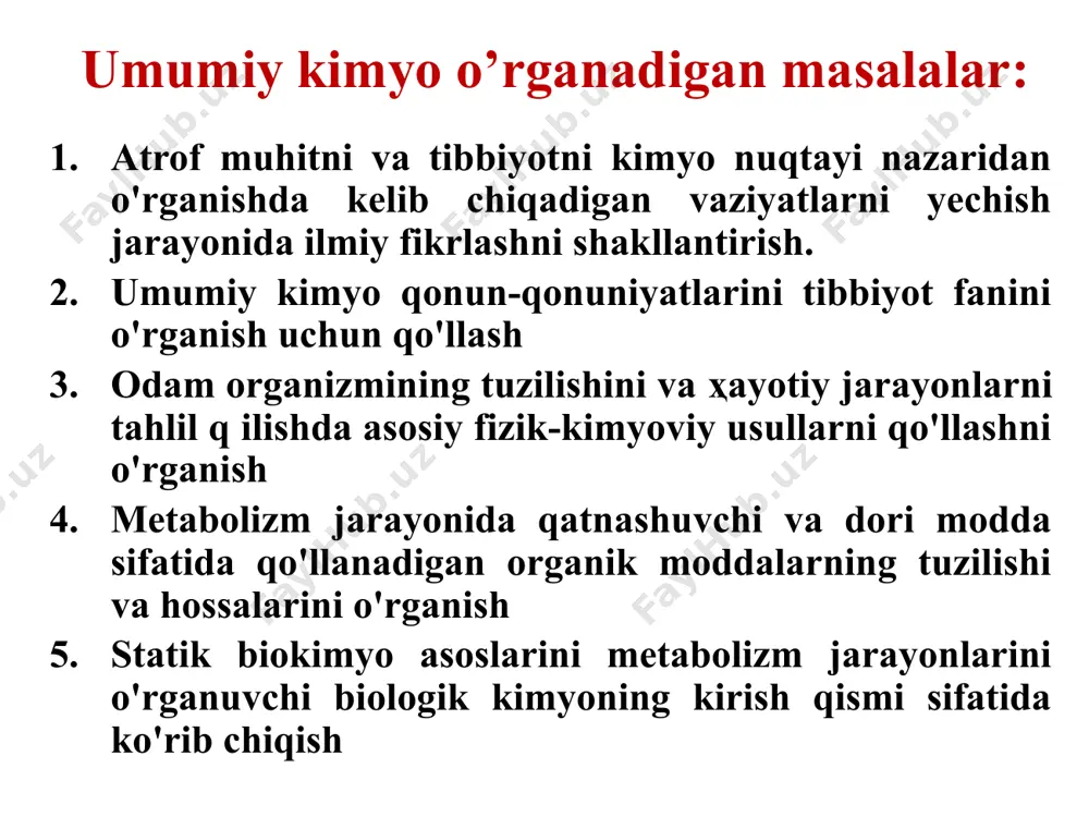 lement organizmda qanday vazifani bajarishi ma’lum bo’lib qolgan. masalan, mishyak, xrom va selenning ko’p miqdori organism uchun zaharli bo’lsada, oz miqdorda ular ham tanamizda muhim vazifalarni bajarar ekan. qalay va nikel ham mikroelementlarga kiritilsada, hali ularning organizmdagi roli to’liq o’rganilgani yo’q. 4.4 jadvalda ba’zi elementlar va ularning 60 kg insondagi miqdorlari keltirilgan. tirik organizmda biogen elementlarning tarqalganligi 114 ta ma`lum bo`lgan elementlardan 80 tasi organizm faoliyatida ma`lum o`rinni egallaydi. qonda 30 ta atrofida element topilgan, sut tarkibida 20 ta atrofida turli hil elementlar mavjud. makroelementlar odam organizmining 96.3% og`irligini tashkil qiladi. ular qatorida oltita element bo`lib, - o, c, h, n, ca, p foizi 1%dan ziyod: 63% - h, 25.5% -o, 9,5%-c, 1,4 %-n, 1,1 % - p va 1,5 % - ca. ba`zi-bir elementlarni organizmning turli hil a`zo va to`qimalarida normal holatidagi miqdorlari qonda normal miqdorda bo`ladi: co – 4-8 mkg%, сu – 80-140 mkg%, fe – 45-60 mkg%. …