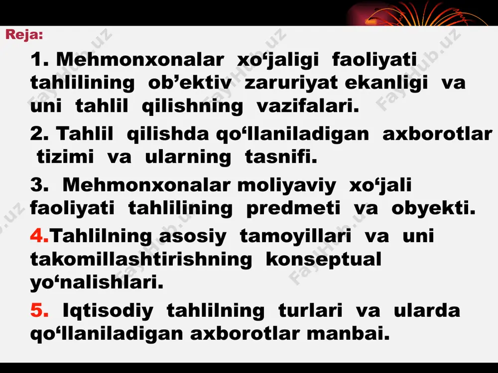 cha nomlanishini ta’kidlash mumkin. prof. pardayev mk ning quyidagi shajarasini keltiramiz balansni tahlil qilish hisobot tahlili sotsial-iqtisodiy tahlil iqtisodiy tahlil xo’jalik faoliyati tahlili iqtisodiy tahlil moliyaviy va boshqaruv tahlili balansshunoslik * . korxonada boshqaruv tizilmasi o`z ob’yekt va sub’yektidan iborat bo`ladi boshqaruv obyekti – bu ishlab chiqarish boshqaruv subyekti – boshqaruv tarkibi * – falsafa fanining fundamental uslubiy bo`limi bo`lib, u ob’yektiv borliqni inson ongida aks etishining o`rganilishini o`rgatadi bilishning obyekti- bevosita ob’yektiv xatti-harakat, amaliyot, insonning moddiy faoliyati ya’ni jamiyat rivojlanishining asosini tashqil etuvchilar hisoblanadi; subyekti - insonning o`zi, jamiyat, insoniyat ya’ni bilish ob’ektiga ijodiy yondashuvchi shaxslarni bildiradi bilish * 1-bosqich jonli mushohada. bunda o’rganiladigan hodisalarning tashqi xususiyatlari o’rganiladi 2-bosqich аbstrakt tafakkur. bunda hodisalarning ichki mohiyatini aniqlab, ularning rivojlanish qonuniyatlari 3-bosqich amaliyot. u haqiqatni bilish mezonidir bilish nazariyasi * iqtisodiy tahlil fanini yaratilish davri 1-davr хх asrning 60-yillari 2-davr 70-yillar 3-davr 80-yillar 4-davr 90-yillar ning- boshlari 5-davr мustaqillik yillari * …