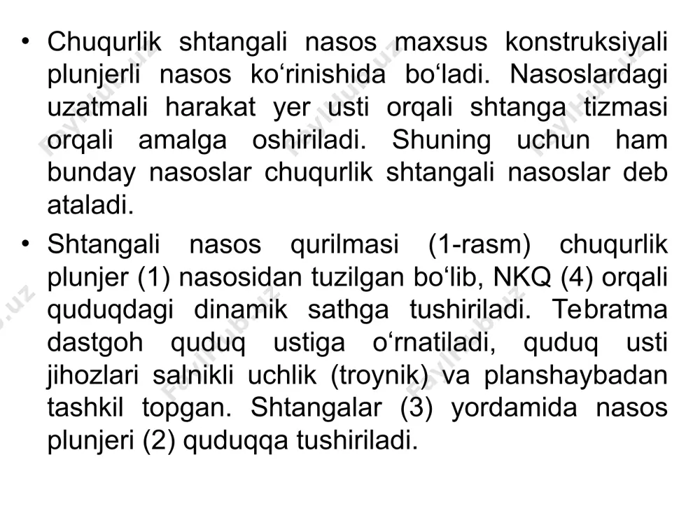 о‘mraklar; 6-namuna olgich; 7-tezkor yig‘iladigan mufta; 10-qо‘yiruvchi quvurcha; 11-zichlovchi halqa. aush-65/50x14 quduq usti armaturasining texnik tavsifi sus quduq usti salnikidagi ishchi bosim,mpa: tebratma-dastgoh ishlayotganda.................4 tebratma-dastgoh tо‘xtab turganda.............14 shartli о‘tish teshigi,mm: stvolniki.....................................................65 bog‘lanmasiniki..................................................50 nasos- kompressor quvurning osmasi.........konussimon osma quvurning diametri.......................................73 biriktiruvchi rez’balar............................nkq rez’basi quduq ustidagi qisqa quvur,mm............................146 gabarit о‘lchamlar,mm...............................3452x770x1220 massasi,kg.................................................................160 quvurli osmada ikkita zichlovchi halqa mavjud bо‘ladi, pastki uchida chuqurlik nasosi va yuqorisida sal’nikli qurilmali nkqlar uchun asosiy ishonchli zveno hisoblanadi. quvur boshchasining korpusida tadqiqot ishlarini amalga oshirish uchun teshik о‘rnatilgan. nasos quvurlarini osib qо‘yish uchun, mahsulotlarni quduqdan otma chiziqqa yо‘naltirish, quduq ustunini germetiklash, quvur orqa fazasidagi gazni olishni ta’minlash va hokazo ishlarni amalga oshirishda, quduq ustiga maxsus jihozlar о‘rnatiladi. quduq usti jihozi shtangali chuqurlik qurilmasi, planshaybadan va uchlik sal’nikdan tuzilgan. 4-rasmda bu jihozlarning umumiy kо‘rinishi tasvirlangan. 4-rasm. nasosli quduqlarini yer usti jihozlari: 1-tizma flanetsi; 2-planshayba; 3-quvur; 4-yuqori mufta; 5-uchlik; 6-sal’nik; 7-sal’nikli shtok; 8-zichlovchi qopqoq. tizma flanetsiga (1) planshayba (2) va …
