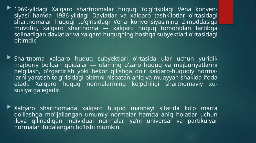 atmaslik to'g'risidagi shartnoma, kosmos to'g'risidagi shartnoma va boshqa shu kabi xalqaro shartnomalar imzolanishida ham muhim ahamiyat kasb etdi. xalqaro tashkilotlar o'z nizomlariga muvofiq rezolyutsiyalar qabul qiladilar. bunday rezolyutsiyalaming ayrimlari majburiy bo'lsa, boshqalari tavsiyaviy xususiyat kasb etadi. misol sifatida bmt bosh assambleya­sining rezolyutsiyalarini keltirish mumkin. ularni yuridik kuchi bo'yicha uch guruhga bo'lish mumkin. birinchi guruh bmt bosh assambleyasining majburiy yuridik kuchga ega bo'lgan rezolyutsiyalari. bunday rezolyutsiyalar qatoriga bmtga yangi a’zo davlatlarni qabul qilish yoki a’zolarini muayyan huquq va imtiyozlarini to'xtatish yoxud budjet masalalari to'g'risidagi rezolyutsiyalami kiritish mumkin. ikkinchi guruh: davlatlar harakati uchun huquqiy asos bo'luvchi rezolyutsiyalar. bmt bosh assambleyasining rezolyutsiyalari a'zo dav­latlar uchun muayyan huquq va majburiyatlar keltirib chiqarishi mumkin. bmtning bunday rezolyutsiyasi har qanday a’zoga rezolyutsiya asosida harakat qilish huquqini bersa, boshqa davlatlarga ushbu harakatlaming huquqiyligini tan olish majburiyatini yuklaydi. uchinchi guruh: bmt bosh assambleyasining siyosiy va axloqiy ahamiyatga molik rezolyutsiyalari. bunday rezolyutsiyalar yuridik maj­buriy kuchga ega emas va tavsiyaviy …