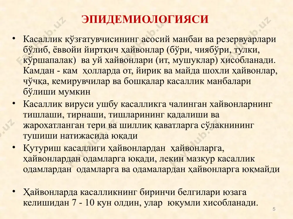 1 19 78 4 1956 0 3 2 1968 1 2 0 1 1969 1 0 2 1970 0 2 1971 1 5 2 1972 1 3 1973 6 2 1974 3 12 1975 2 1 0 0 8 3 ўзбекистон республикасида 2011 - 2016 й.й одамлар ўртасида қайд қилинган қутуриш касаллиги № маъмурий ҳудудлар 2011й. 2012й 2013й 2014й. 2015 й 2016 й 1 тошкент ш. 1 2 2 бухоро 1 1 3 қашқадарё 1 1 1 4 жиззах 5 навоий 6 наманган 7 самарқанд 1 1 2 8 тошкент в. 1 1 1 9 фарғона 1 10 хоразм 1 11 сурхондарё 1 12 андижон 1 жами: 4 3 4 5 1 2 22 22 врачлар учун республикада қутуриш касаллигининг кўп йиллик маълумоти (1974-2013 й.) (мутлоқ сонда) 23 образец текста второй уровень третий уровень четвертый уровень пятый уровень 24 № маъмурий ҳудудлар жарохатланганлар сони 2011 й. 2012 й. 2013 й …