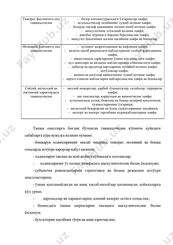 и таваккалчилик билан боғлиқ фаолият олиб борар экан, доимий равишда таваккалчилик турларини аниқлайди, маъқул бўлган чегарасини белгилайди ҳамда унинг кескин оқибатларидан ўзини ҳимоялаш йўлларини қидиради. таваккалчиликдаги хавф даражасини аниқлаш, унинг олдини олиш йўлларини излаб топиш ва оқибатида юз бериши мумкин бўлган зарарларни пасайтириш бўйича чора-тадбирларни амалга оширишга оид фаолият таваккалчиликни бошқариш тизими деб аталади. тадбиркорнинг таваккалчиликни бошқариш доирасидаги фаолияти ўз субъектининг даромадлигига таҳдид солувчи таваккалчиликларнинг таъсиридан ҳимоя қилишга йўналтирилган. таваккалчиликни оқилона бошқариш субъектнинг узоқ муддатли истиқболда муваффақиятга эришиш имкониятини оширади, унинг молиявий ҳолатининг ёмонлашиш хавфини бир мунча бўлсада камайтиради. тадбиркор учун пайдо бўладиган таваккалчиликни тахминий билиш зарурдир, лекин бунинг ўзи етарли эмас. муҳими, таваккалчиликнинг аниқ тури корхона фаолиятига қандай таъсир кўрсатаётганлиги ва қандай оқибатларга олиб келиши мумкинлигини аниқлаб, уни тўғри баҳолай билиш ва шундан сўнг субъектининг иқтисодий самарадорлигига таъсирини ҳисоблаб топишдир. тавакалчиликни бошқариш бир-бирини тўлдириб борувчи бир нечта босқичлардан иборат бўлади. таваккалчиликни бошқаришда энг аввало юзага келиши мумкин бўлган унинг …