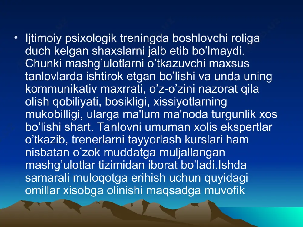 ishi". unda quyidagi rollar bo’ladi: sudya, advokat, jamoatchilik vaqili, er, xotin, kaynona, kaynota. vaziyat. er xotinining ko’prok jamoat ishlari-dan bandligidan norozi. uningcha, xotin uy ishlarini bajarishi, konkret vaziyatda u yo ishni, yoki oilani tanlashi kerak maqsad: rolli o’yin vositasida ziddiyatli sharoitlarda shaxslararo o’zaro murosa yo’llarini qidirish. 3. "savollar qalay?" o’yini. bunda gurux a'zolari juftliklarga bo’linib, doyra shaqlida joylashadilar va ichkari tomonda to’rganlar tashkaridagilarga 30 sekund mobaynida o’z xayotlari haqida gapira boshlaydilar. unda oxirgi paytlarda xayotda yo’z bergan voqea, faxrlanish ob'ektlari, shirin taassurotlar haqida gapirish mumkin. 30 sekunddan keyin rollar almashinadi. o’yin gapirish va tinglash malakalarini, o’zi haqida gapira olish san'atini, lunda va qisqa gapirish kabi qator sifatlarni tarbiyalaydi. 3. "savollar qalay?" o’yini. bunda gurux a'zolari juftliklarga bo’linib, doyra shaqlida joylashadilar va ichkari tomonda to’rganlar tashkaridagilarga 30 sekund mobaynida o’z xayotlari haqida gapira boshlaydilar. unda oxirgi paytlarda xayotda yo’z bergan voqea, faxrlanish ob'ektlari, shirin taassurotlar haqida gapirish mumkin. 30 sekunddan keyin …