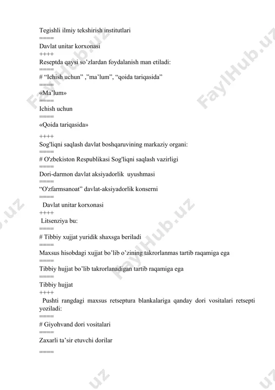 ari retsepti yoziladi: ==== # giyohvand dori vositalari ==== zaxarli ta’sir etuvchi dorilar ==== ambulatoriya sharoitida davolanishga muhtoj bo’lgan bemorlar uchun retsept ==== statsionar sharoitida davolanishga muhtoj bo’lgan bemorlar uchun retsept ++++ pushti rangli retsept blankasi bo’lib faqat giyohvand vositalari yozish uchun tavsiya etilgan retseptlar nechanchi ilovada ko’rsatilgan: ==== # 1-ilova ==== 2-ilova ==== 3-ilova ==== 4-ilova ++++ retsept tarkibida zaxarli, giyohvand, psixotrop moddalar va prekursorlar bo’lsa bunday dorilar retsepti nima qilinadi: ==== # dorixonada qoladi ==== bemorga signatura beriladi ==== bemorlarga bepul dori vositasi beriladi ==== shifokorga beriladi ++++ bitta blankada nechta dori vositasini nomini yozish mumkin: # faqat bitta ==== 2ta ==== 3ta ==== 2 va undan ortiq ++++ imtiyozli dori vositalari berish uchun retsept necha nusxada yoziladi: ==== # faqat bitta ==== 2 nusxada ==== 2va undan ortiq ==== 3 nusxada ++++ qanday holatlarda retsept yozib berish taqiqlanadi: ==== # o’zbekiston respublikasi sog’liqni saqlash vazirligi tomonidan tibbiyotda …