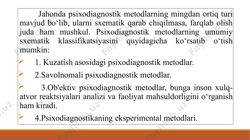 adi va uning turlichaligi – egizaklar metodida (to’rtinchi daraja) ko’rsatilgan. psixologik tadqiqotda qo’llaniladigan usullarning darajali bo’lishini g. d. pirov taklif etgan. u metodlarni quyidagi guruhlarga bo’lgan: 1) xususiy metod (kuzatuv, eksperiment, modellashtirish); 2) metodik qo’llanma; 3) metodik yondashuv. s. l. rubinshteyn “umumiy psixologiya asoslari”da eng asosiy psixologik metodlar sifatida kuzatuv va eksperimentni ajratib ko’rsatdi. kuzatuv “tashqi” va “ichki”ga bo’lingan, eksperiment – laboratoriya ishi, tabiiy va psixologik-pedagogik, qo’shimcha metod uning asosiy modifikatsiyasida fiziologik eksperiment. bundan tashqari, faoliyat mahsulini o’rganishda suhbat va anketa usullarini ajratib o’tdi. tabiiyki, vaqt bu tasnifning qirralarini ta`kidladi. shunday qilib, psixologiyaning falsafa bilan bog`liqligi uni nazariy metodlaridan mahrum qildi, xuddi shunday yaqinlik pedagogika va fiziologiya bilan bu fanlarning psixologik ro’yxatga qo’shilishi bilan amalga oshirildi. psixologik tekshiruvlarning keng ko’lamdagi ikkinchi tasnifini – bolgar psixologi g.d. pirov tuzgan. u mustaqil metodlar sifatida taklif qilgan kuzatuv, eksperiment, modellashtirish, psixologik xarakteristikani, yordamchi metodlar maxsus metodik yondashuvlarni ta`kidlab o’tdi. shu metodlarning har biri …