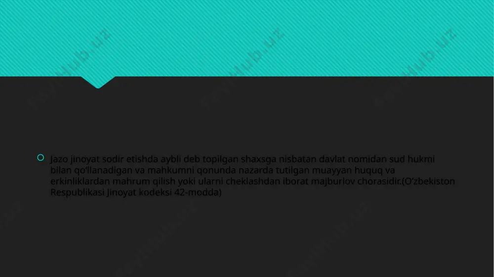 jasi, aybdorning shaxsi va ishdagi boshqa holatlarni e’tiborga olib, aybdor tayinlangan jazoni o‘tamasdan turib ham uning xulqini nazorat qilish orqali tuzatish mumkin, degan qat’iy fikrga kelsa, shartli hukm qo‘llashi mumkin. bunday holda sud, basharti, belgilangan sinov muddati davomida jazoning shartliligini bekor qilish asoslari kelib chiqmasa, tayinlangan jazoni ijro etmaslik to‘g‘risida qaror chiqaradi. jazoni o‘tashdan muddatidan ilgari shartli ravishda ozod qilish mahkum: a) ijtimoiy xavfi katta bo‘lmagan yoki uncha og‘ir bo‘lmagan jinoyati uchun sud tayinlagan jazo muddatining kamida uchdan bir qismini; b) og‘ir jinoyati uchun, shuningdek qasddan sodir etgan jinoyati uchun, agar shaxs ilgari qasddan sodir etgan jinoyati uchun ozodlikdan mahrum etishga hukm qilingan bo‘lsa, sud tayinlagan jazo muddatining kamida yarmini; v) o‘ta og‘ir jinoyati uchun, shuningdek jazodan muddatidan ilgari shartli ozod qilingan yoki jazosi yengilrog‘i bilan almashtirilgan shaxs jazoning o‘talmagan qismi mobaynida qasddan yangi jinoyat sodir etganligi uchun hukm qilingan bo‘lsa, sud tayinlagan jazo muddatining kamida uchdan ikki qismini haqiqatda …