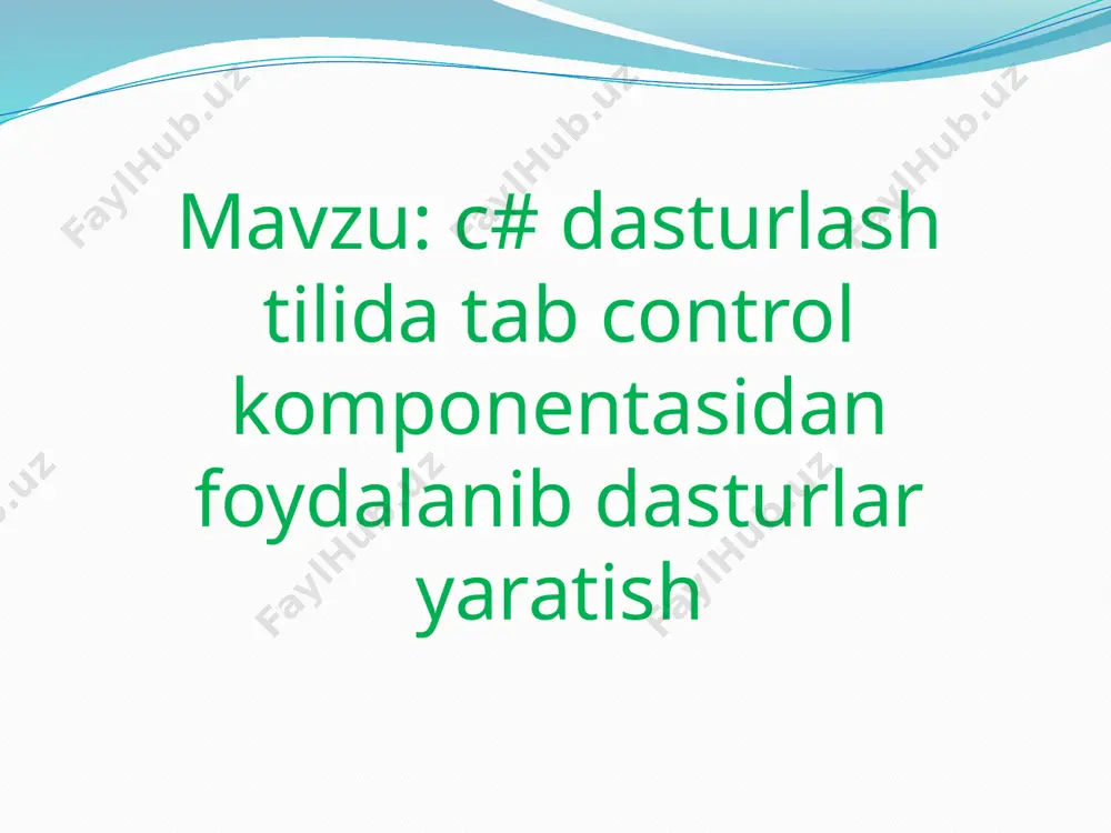 haqida o`quvchilarga ma`lumot berishdan iborat. kurs ishining predmeti: c# dasturlash tilida tab control komponentasi bilan ishlash va uning metodlaridan foydalanish mazmuni. visual studio 2012 dasturlash muhitida console aplication qismidan tashqari windows apliction dasturlash muhiti ham mavjud. bu muhitda biz interfeysga ega bo’lgan dasturlarni yarata olamiz. hozirgi zamonaviy dasturlash tillarida interfeysli dasturlashga katta ahamiyat qaratilgan. microsoft windows operatsion tizim uchun dastur tuzishda visual studio 2012 muhitida c# dasturlash tilidan foydalanishimiz mumkin. visual c# dasturlash tilida form sinfini yaratish uchun yangi loyiha yaratiladi. loyihani yaratish quyidagicha amalga oshiriladi: (1-rasm) tab control komponentasi tab control komponentasi sahifalarni qurishni tashkil qiladi, qaysiki bu sahifalar yaratilganda ular bir-birini berkitib qo’yadi va shu orqali sahifalarni varaqlash imkoni mavjud bo’ladi. tab control komponentasi form oynasini imkoniyatlarini yanada oshirish mumkin. tab control komponentasini form oynasiga tashlaganimizdan so’ng yuqoridagi rasmda tasvirlangan ko’rinish hosil bo’ladi. biz sahifalar sonini istalgancha qo’shishimiz yoki ularning sonini kamaytirishimiz mumkin bo’ladi. tabcontrol komponentasida tabpage obyektlari …