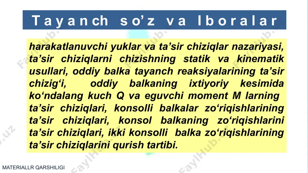 g ta’sir chiziqlari qanday chiziladi? 9. ikki konsolli balka zo‘riqishlarining ta’sir chiziqlari qanday chiziladi? 10. ikki konsolli balkaning chap yoki ung konsolidagi ichki zo‘riqishlarining ta’sir chiziqlari qanday chiziladi? materiallr qarshiligi e'tibоringiz uchun rahmat! 16 image1.emf image2.png image3.png image4.png image5.png image6.wmf image7.wmf oleobject1.bin oleobject2.bin image8.wmf image9.wmf oleobject3.bin oleobject4.bin image10.wmf image11.wmf image12.wmf image13.wmf image14.wmf image15.wmf image16.wmf image17.wmf oleobject9.bin oleobject10.bin oleobject11.bin oleobject12.bin oleobject5.bin oleobject6.bin oleobject7.bin oleobject8.bin image18.wmf image19.wmf image20.wmf image21.wmf image22.wmf image23.wmf oleobject17.bin oleobject18.bin oleobject19.bin oleobject20.bin oleobject21.bin oleobject13.bin oleobject14.bin oleobject15.bin oleobject16.bin image24.wmf image25.wmf image26.wmf oleobject22.bin oleobject23.bin oleobject24.bin image27.wmf image28.wmf image29.wmf image30.wmf image31.wmf oleobject29.bin oleobject25.bin oleobject26.bin oleobject27.bin oleobject28.bin oleobject30.bin oleobject31.bin image32.wmf oleobject32.bin image33.wmf oleobject33.bin l l l l l l x x p r x p r м а а в - = - = = - - × = å , 0 ) ( ; 0 l £ £ x 0 l £ £ x 0 l l l x x p r …
