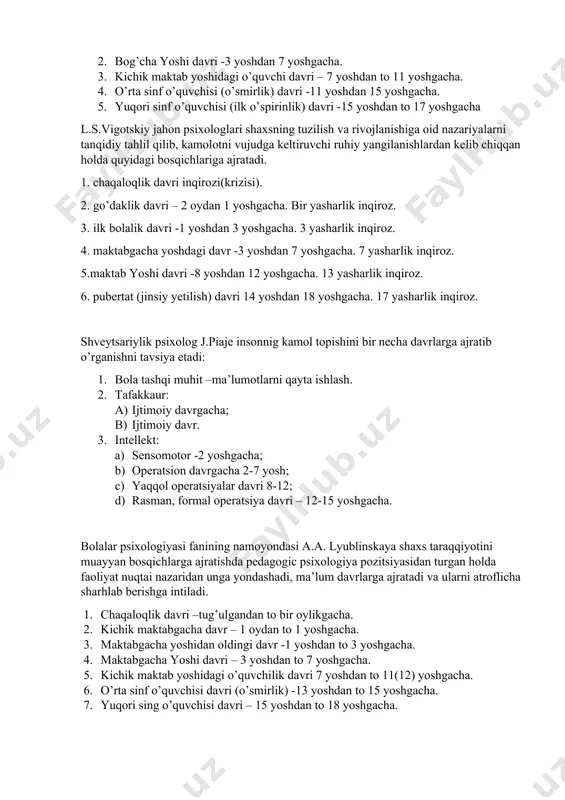 llik – bu kishining o’ziga xosligi, uni boshqa odamlardan farqini aks ettiruvchi psixologik va fiziologik fazilatlar birikmasi. shaxsning eng qimmatli sifatli sifatlaridan biri mustaqillik, ichki erkinlik, ichki o’ziga xoslikdir. mustaqillik o’zganing yo’l-yo’rig’isiz muhim qarorga kelish va uni amalga oshirish qobiliyatini; mas’ullik, o’z xatti-xarakatlari uchun javob berishga tayyorlik; xulq, fe’l-atvorning realligiga, ijtimoiy jihatiga va ma’naviy to’g’riligiga bo’lgan e’tiqodni o’z ichiga oladi. psixologiyada shaxsni bir qancha strukturalarni ishlab chiqilgan. k.k.platonov tomonidan taklif etilgan shaxsning dinamik funksional xususiyatlarini ko’rib chiqamiz: 1 ishonch va ishonchsizlik krizisi 1 yoshgacha davrdagi vaqt 2 uyat va shubhaning aksi avtonomlashishi 2-3 yoshda 3 shaxsning yo’naltirilganligi. shakillanish usuli – tarbiya dunyoqarashlari, e’tiqodlari, ideallari, intilishlari, qiziqishlari, istaklari 4 shaxs tajribasi . shakillanish usuli –ta’lim bilim, malaka, ko’nikma, odatlar 5 psixik protsesslarning xususiyatlari. shakillanish formasi - mashqlar diqqat, sezgi, idrok, xotira, tafakkur, hayol, hissiyot iroda 6 biolopsixik xususiyatlar. shakillanish formasi - trenirovka oliy nerv faoliyatining tipi, temperament, layoqatlar jinsiy farq 2.shaxs …