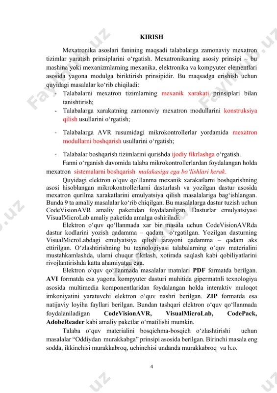 yoki mkga “proshivka” qilish uchun .hex faylini xosil qilishni o‘rganish. foydalaniladigan jihozlar, uskunalar, moslamalar va materiallar ro‘yxati: kompyuter, codevisionavr va proteus amaliy dasturi, avr atmega16 mikrokontrolleri datashiti. ishni bajarish tartibi: - codevisionavr dasturini (c:\cvavr) direktoriyasiga o‘rnating; - avr atmega16 mkni “data sheet” (dsh) xujjatini internetdan oling. data sheet - mikrokontrollerlarning xarakteristika jadvalidir. - (c:\cvavr) papkasi ichida z1 papkasini tashkil eting (yangi yaratilayotgan loyiha boshqa manzilli papkalarga ham yaratilishi mumkin). bu papkaga tayyorlanadigan “loyiha” fayllari yoziladi. · dasturni ishga tushirib, loyiha faylini yaratish uchun: fayl (file) -> novыy (new) -> proekt (project) -> ok -> no - buyruqlari ketma ketligi bajariladi. · z1 papkaga kirib “imya fayla” maydoniga z1 deb yozing. · "soxranit" tugmasini bosing. natijada loyiha konfiguratsiya oynasi ochiladi. · "s compiler" bo‘limini aktivlashtiring. · (chip) parametriga atmega16 qiymatini bering. · mk takt chastotasiga (clock) 1,0 mgs qiymatni bering. · "file output format(s)" oynasida cof va hex formatlari turgan bo‘lishi …