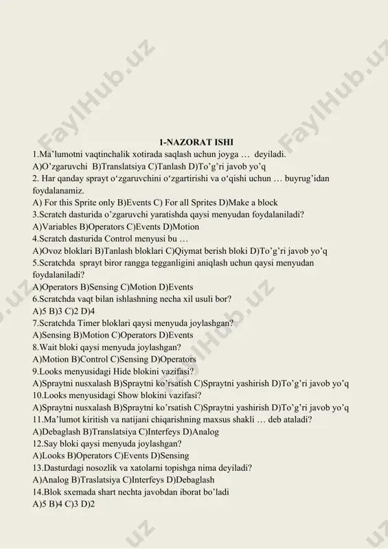 ) .bmp b).jpeg c).gif d)barchasi 9.vektor tasvir formati to’g’ri berilgan qatorni toping? a).png b).eps c).tif d)barchasi 10.tween bu- a) harakatlarni bir xil amalga oshirish uchun ularning sonini hisoblaydigan kompyuter animatsiya vositasi b) koordinatalar va hisoblash asosida saqlangan tasvir c) rastrli tasvirdagi bitta rangning bitta kvadrati. d)to’g’ri javob yo’q 11. animatsiyada yaratilgan va tartib bilan ijro qilinadigan kadrlar ketma-ketligi ... . a)vaqt shkalasi b)zoom c)fokus d)barchasi 12.ishchi maydon bu- a ) koordinatalar va hisoblash asosida saqlangan tasvir b) rastrli tasvirdagi bitta rangning bitta kvadrati c) animatsiya chiziladigan soha d)to’g’ri javob yo’q 13.pencil2d dasturida nechta qalam bor? a)3 b)4 c)5 d)1 14.adobe spark da yani video yaratishda qaysi tugmadan foydalaniladi? a)create a graphic b)create a web page c)create a video d)make a video 15.videoga kadr qo’shishning nechta variant bor? a)4 b)3 c)2 d)1 1 2 3 4 5 6 7 8 9 10 11 12 13 14 15 4-nazorat ishi 1. fonda …