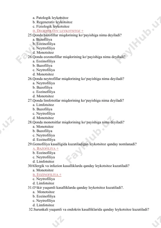 noz+ b. taxikardiya c. bradikardiya d. xansirash 37.yurak urishining sekinlashishiga nima deyiladi? a. sianoz b. taxikardiya c. bradikardiya+ d. xansirash 38.qon aylanishidagi etishmovchilik tufayli nafasning tezlashuviga nima deyiladi? a. taxikardiya b. xansirash+ c. bradikardiya d. sianoz 39.yurak klapanlarining turli kasalliklar bilan shikastlanib, buzilishidan kelib chiqadigan kardiopatiyalarga nima deyiladi? a. yurakning zo‘riqishi b. yurak gipertrofiyasi c. yurak nuqsonlari + d. klapanlardagi etishmovchilik 40..hayvonning ontogenez davrida paydo bo‘ladigan yurak poroklarini ayting. a. tug‘ma poroklar+ b. orttirilgan poroklar c. oddiy poroklar d. murakkab poroklar 41.hayvonning postnatal hayoti davomida, turli-tuman kasalliklar natijasida vujudga keladigan yurak poroklarini ayting. a. tug‘ma poroklar b. orttirilgan poroklar + c. oddiy poroklar d. murakkab poroklar 42.yurakning ayrim klapanida nuqson borligi bilan ifodalanadigan poroklarga nima deyiladi? a. oddiy poroklar + b. orttirilgan poroklar c. tug‘ma poroklar d. murakkab poroklar 43.bir vaqtning o‘zida bir necha klapanlarda shikast borligi bilan ifodalanadigan poroklarga nima deyiladi? a. orttirilgan poroklar b. murakkab poroklar+ c. oddiy …