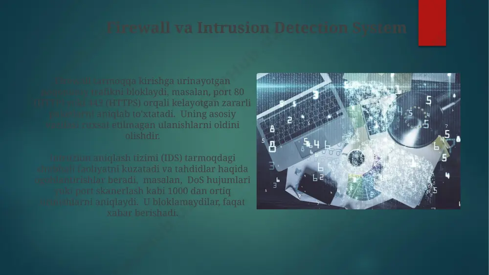buzilish holatlarini kamaytirishga yordam beradi. ma'lumotlarni yo'qotishning oldini olish firewall va antivirus dasturlarini o'rnatish va muntazam yangilab turish kiberhujumlardan va zararli dasturlardan himoya qiladi, bu esa ma'lumotlar yo'qotilishining oldini oladi. ma'lumotlarni yo'qotish xavfini kamaytirish uchun kamida 3 marta zahira nusxasini yaratish va ularni turli xil joylarda saqlash tavsiya etiladi, masalan, bulutli xizmatlarda yoki tashqi qattiq diskda. siyosat va qoidalar ichki audit va xavfsizlikni baholash siyosati yiliga kamida 2 marta amalga oshiriladi va bu jarayonlarda kamida 5 ta asosiy xavfsizlik parametri tahlil qilinadi, bu esa tashkilotning xavfsizlik holatini baholashga yordam beradi. ma'lumotlarga kirishni nazorat qilish siyosati foydalanuvchilar guruhlarini (masalan, 1-darajali, 2-darajali) aniqlaydi va har bir guruhga ma'lumotlarga kirishning turli darajalarini beradi, bu esa avtorizatsiya va autentifikatsiya tizimlari orqali amalga oshiriladi. xodimlarni o'qitish axborot xavfsizligi siyosatlari va protseduralariga rioya qilish bo'yicha 8 soatlik amaliy mashg'ulotlar o'tkazish va ularning samaradorligini baholash kerak. xodimlarni ma'lumotlarni shifrlash, parol siyosati va 2-omilli autentifikatsiya kabi muhim texnik …