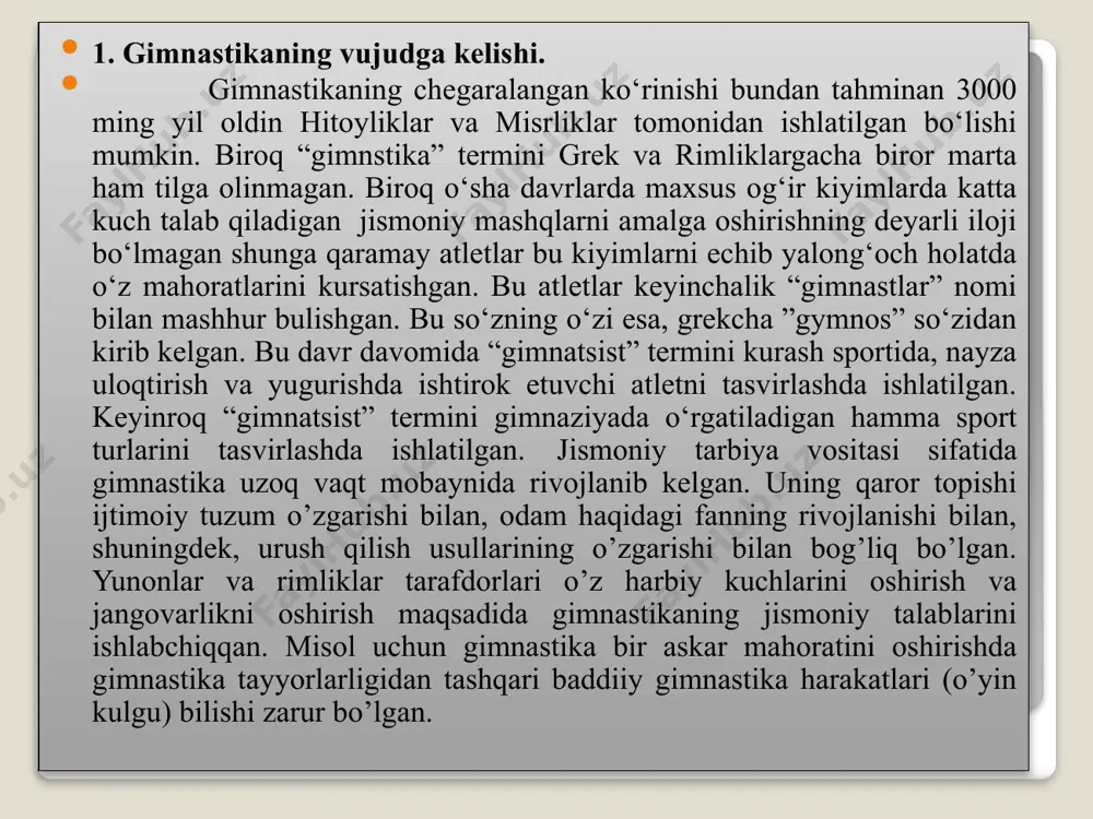 radi, yashash uchun tayyorlaydi, aqliy kamol topishga hamda salomatligini mustahkamlashga yordam beradi, deb hisoblagan. pestalotsi bolalarda mavjud bo’lgan kuch va qobiliyatni mashq orqali rivojlantirishni jismoniy tarbiyaning asosiy maqsadi deb bilgan. bo’g’in gimnastikasi harakatli o’yinlar va qo’l mehnati to’ldirib borishi kerak bo’ladi, deb ta’kidlaydi. albatta, bu bilan u bo’g’in mashqlarining ahamiyatiga haddan tashqari yuqori baho berib yuborgan edi, shunga qaramay u ishlab chiqqan uslub o’sha zamon gimnastikasi uchun muhim ahamiyat kasb etgan va keng qo’llanilgan. nemis olimi tust-muts ko’pgina gimnastika mashqlarining, jumladan gimnastika snaryadlarida bajariladigan mashqlarning texnikasini ishlab chiqdi. bu mashqlarda harakat formasiga katta ahamiyat beriladi. uning qancha mamlakatlarda, jumladan rossiyada ham keng tarqalib, gimnastika taraqqiyotiga yordam berdi. unda turnik bruslar, yakka cho’pda bajariladigan oddiy mashqlar tasvirlangan edi. kitobda mashg’ulotlar vaqtida o’quvchilarning o’zaro musobaqalashuvi, harakatlar ijrosi aniq bo’lishiga qo’yiladigan talablar ishlab chiqilgan edi. 3 milliy gimnastika tizimining yaratilishi milliy gimnastika tizimining yaratilishi xix asr boshlariga to‘g‘ri keladi. bu ijtimoiy talabiar oqibati …