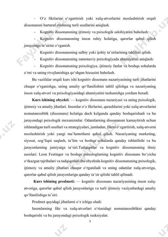 -yilda ishlab chiqilgan. kognitiv dissonans nazariyasining asosiy prinsipi shundaki, odamlar o‘z qarashlari, xulq-atvorlari yoki e’tiqodlari o‘rtasidagi nomutanosiblikni boshdan kechirganlarida ichki noqulaylik va stress his qiladilar. bu nomutanosiblik (dissonans) odamning ongida qarama-qarshi fikrlar yoki xulq-atvorlar mavjud bo‘lganda yuzaga keladi. bunday holatni boshdan kechirgan odamlar esa dissonansni kamaytirish yoki bartaraf etish uchun turli usullarni qo‘llaydilar. bu usullar odatda odamning fikrlarini o‘zgartirish, xulq-atvorlarini moslashtirish yoki yangi ma’lumotlarni qabul qilish orqali amalga oshiriladi. kognitiv dissonansni kamaytirish uchun odamlar uchta asosiy strategiyani qo‘llashadi. birinchidan, ular qarorlar yoki xulq-atvorlarini o‘zgartirishga harakat qiladilar, chunki o‘z fikrlarini o‘zgartirish dissonansni kamaytirishi mumkin. ikkinchidan, odamlar o‘zlarini noqulay holatlardan qutqarish uchun yangi ma’lumotlarni qabul qilishadi, bu yangi ma’lumotlar esa dissonansni o‘zgartirishga yordam beradi. uchinchidan, odamlar dissonansni kamaytirish uchun o‘zlarini oqlashga intilishadi, ya’ni o‘z fikrlarini yoki xulq-atvorlarini oqlab, bu holatni mantiqiyroq qilishga harakat qiladilar. kognitiv dissonans nazariyasi insonlarning qarorlar qabul qilish jarayonlarini va ijtimoiy muhitdagi xulq-atvorlarini tushunishda muhim vosita bo‘lib xizmat qiladi. …