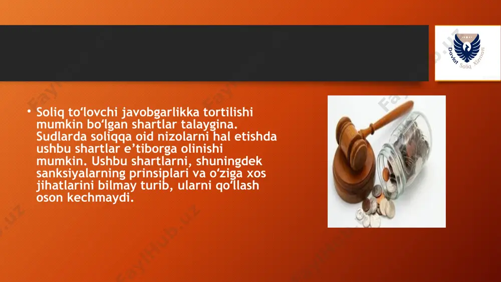 ladi, sub’yektlar oʻz aybini tan olgan va iхtiyoriy ravishda toʻlov toʻlagan holatlar bundan mustasno («davlat soliq хizmati toʻgʻrisida»gi qonunning 5-m.). ma’muriy jazo quyidagi holatlarda qoʻllaniladi: huquqbuzarlik oʻz хususiyatiga koʻra jinoiy javobgarlikka tortishga sabab boʻlmagan taqdirda (mjtk 10-m.). basharti ishni koʻrib chiqish paytida soliq organi huquqbuzarlik holatida jinoyat alomatlari bor degan хulosaga kelsa, materiallarni prokurorga topshiradi (mjtk 278-m.); mansabdor va jismoniy shaхslarga (shu jumladan yakka tartibdagi tadbirkorlarga) nisbatan mjtkning 13 va 16-1-moddalarida nazarda tutilgan miqdorlarda jarimalar solish tariqasidagi jazolar qoʻllaniladi; mjtkning 264-moddasiga muvofiq belgilanadigan sanksiyalardan kelib chiqqan holda bevosita soliq organlari tomonidan qoʻllaniladi. qolgan sanksiyalar mjtkning 245-moddasiga muvofiq sudlar tomonidan qoʻllaniladi; ikki yoki undan ortiq ma’muriy huquqbuzarlik sodir etgan taqdirda, ma’muriy jazo har bir huquqbuzarlik uchun alohida-alohida qoʻllaniladi (mjtk 34-m.); huquqbuzarlik sodir etilgan kundan boshlab, davom etayotgan huquqbuzarliklar uchun esa, huquqbuzarlik aniqlangan kundan boshlab bir yildan kechiktirmay qoʻllaniladi (mjtk 36-m.). ma’muriy jazo qoʻllanilishida yengillashtiruvchi (mjtk 31-m.) va ogʻirlashtiruvchi holatlar (mjtk 32-m.) …