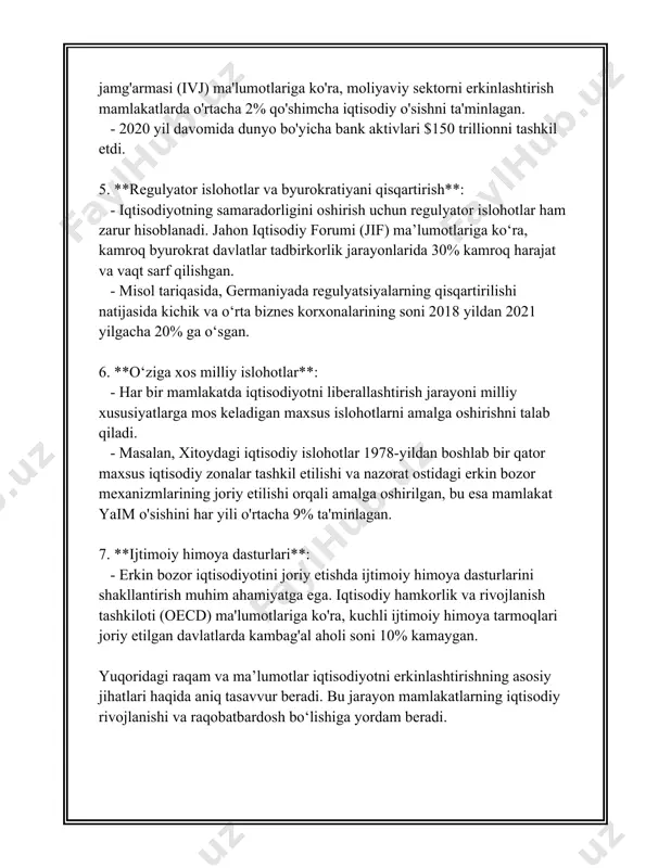 ida, iqtisodiyotni yanada tartibga soladi va davlat daromadlarini oshirishga xizmat qiladi. 7. **xususiylashtirish va korxona islohoti**: ko'plab davlatga qarashli korxonalar xususiylashtiriladi, bu esa yangi moliyaviy boshqaruv amaliyotlarini talab qiladi. bu esa moliyaviy hisob-kitoblarning qayta ko'rib chiqilishini talab qiladi. 8. **xalqaro investitsiyalarni jalb qilish**: bozor iqtisodiyotiga o'tish jarayonida investorlar uchun qulay sharoitlar yaratish muhim hisoblanadi. shu boisdan, moliyaviy hisobotlarning aniq va ishonchli bo'lishi xalqaro investorlarga moliyaviy ko'rinish beradi. hozirgi kunga kelib, ko'plab sobiq sssr davlatlari bozor iqtisodiyotiga muvaffaqiyatli o'tdilar, shu jumladan o‘zbekiston ham. o'zbekistonda 1991-yildan keyin iqtisodiy islohotlar amalga oshirila boshlandi va buxgalteriya hisobi tizimi ham sekin-asta rivojlanib bormoqda. bozor iqtisodiyotiga o'tish jarayonida tashkil etilgan normativ-me'yoriy bazalar va xalqaro moliyaviy hisobot standartlarini qo'llash migratsiyasi davom etmoqda. 3. buxgalteriya hisobining iqtisodiyotni erkinlashtirishdagi ahamiyati buxgalteriya hisobi iqtisodiyotni erkinlashtirishda muhim ahamiyatga ega bo‘lgan omillardan biri hisoblanadi. bu muhim ahamiyat bir necha sabablarga ko‘ra yuzaga keladi va quyida ushbu mavzuga doir batafsil ma’lumotlar taqdim etiladi. …