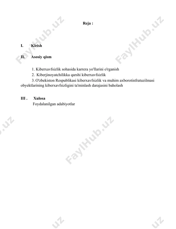lik. kiberxavfsizlik hozirda yangi kirib kelgan tushunchalardan biri bo‘lib, unga berilgan turlicha ta’riflar mavjud. xususan, csec2017 joint task force manbasida kiberxavfsizlikka quyidagicha ta’rif berilgan: kiberxavfsizlik – hisoblashlarga asoslangan bilim sohasi bo‘lib, buzg‘unchilar mavjud bo‘lgan sharoitda amallarni to‘g‘ri bajarilishini kafolatlash uchun o‘zida texnologiya, inson, axborot va jarayonlarni mujassamlashtiradi. u xavfsiz kompyuter tizimlarini yaratish, amalga oshirish, tahlillash va testlashni o‘z ichiga oladi. kiberxavfsizlik ta’limning mujassamlashgan bilim sohasi bo‘lib, qonuniy jihatlarni, siyosatni, inson omilini, etika va risklarni boshqarishni o‘z ichiga oladi. tarmoq sohasida faoliyat yuritayotgan cisco tashkiloti esa kiberxavfsizlikka quyidagicha ta’rif bergan: kiberxavfsizlik – tizim, tarmoq va dasturlarni raqamli hujumlardan himoyalash amaliyoti. ushbu kiberhujumlar odatda maxfiy axborotni boshqarishni, almashtirishni yoki yo‘q qilishni; foydalanuvchilardan pul undirishni; normal ish faoliyatini buzishni maqsad qiladi. hozirda samarali kiberxavfsizlik choralarini amalga oshirish insonlarga qaraganda qurilmalar va ularning turlari sonining kattaligi va buzg‘unchilar salohiyatini ortishi natijasida amaliy tomondan murakkablashib bormoqda. kiberxavfsizlik bilim sohasining zaruriyati birinchi meynfreym kompyuterlar ishlab chiqarilganidan …