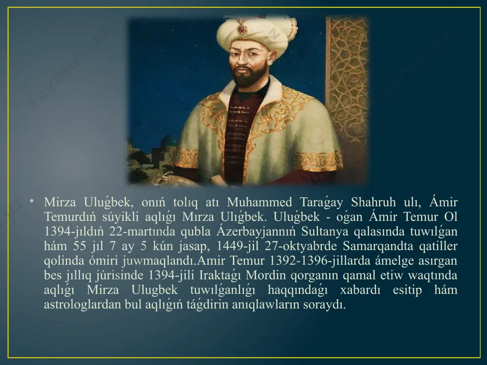 eki júz jıllıq kalendarlar kestelerin dúziw dúze algan. biraq uluǵbektiń ózi keyin ala tiykargı shıǵarması bolgan "zij"de tek ǵana qazızada rumiydi "ustazim" dep ataydı. uluǵbek jaslıǵınan ilim úyreniwden sırtqı dene shınıǵıwları, at ústinde juwırıw, qılısh juwırıw, oq atıw, suwda júziw menen belsene shuǵıllanadı. quranı yadlaw shınıǵıwların tınımsız tákirarlaydı. bul sonıń ushın onıń yadı hám aqılı ótkir, erk-ıqrarlı bolgan. bunnan tısqarı ámir temur aqlıǵın kóbinese ózi menen alıp júriwdi iyelewine sharayat jaratıp, ózine tán miymanlardı kútip alıw máresimlerinde de qatnasıw islewine ayrıqsha áhmiet bergen. uluǵbek jaslıǵınan ullı babasınıń qasında júrip, saltanat máplerin ańlawdı túsinip barǵan ádalacızlıqlarǵa, sheklewlerge, taxt tańlawlarındaǵı qıyanetlerge kóp ushırasadı kelgen. uluǵbek fizikalıq jaqtan shınıqqan insan bolǵan, óz dáwirinde taxtqa otırıw ushın qazaqlıq dáwirin, yaǵnıy ekstremal sharayatlarda jasaw múmkinshiligi dáwirin de basınan ótkergen. ol bul haqqında óziniń "tórt ulis tariyxı" shıǵarmasında magliwmat bergen.uluǵbektiń yadı ótkir, kúshli analitikalıq pikirlewge iye adam bolgan. olquramalı matematikalıq ámellerdi de yadtan orınlay algan. ulugbektin …