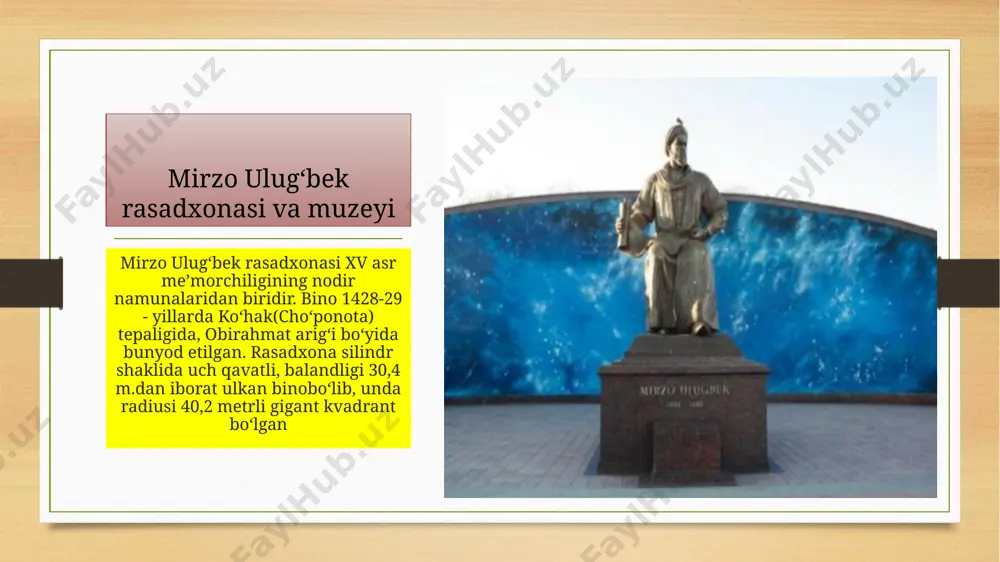 buloq aholi orasida tabarruk hisoblanadi. ruhobod maqbarasi ruhobod maqbarasi, ruhobod — majoziy nom, aslida alloma avliyo shayx burhoniddin sogʻarjiy (sogʻarj—samarqand yaqinidagi qad. kent) maqbarasi. amir temur saltanatining dastlabki davrida (14-asrning 70-yillari) shahar arki (koʻk saroy, boʻston saroy, nuriddin basir maqbarasi) tomonidan janubidagi toshqoʻrgʻon—chaqar (kichik oqsaroy, muhammad sulton meʼmoriy majmui, hozirgi amir temur maqbarasi) orasini bogʻlovchi mashxur shohrohshoh koʻchani ochish va tartibga solish davomida yuzaga chiqqan sogʻarjiy qabriga bogʻlab, mahobatli baland maqbara tiklangan. foydalanilgan adabiyotlar alimova d.a., buryakov y.f., rahmatullayev sh.m. samarqand tarixi (qadimgi davrlardan bugungi kungacha). t.: art flex, 2009. – 73b. 2. alimova d.a., buryakov y.f., rahmatullayev sh.m. the history of samarkand. t: art flex, 2009. – 102p. 3.n.y.turdiyeva, o.y.yusupov, f.j.bakiyev samarqand tarixiy obidalari samarqand 2018 image5.png image6.png image7.jpeg image8.jpeg image9.jpeg image10.jpeg image11.jpeg image12.jpeg image13.jpeg image14.jpeg image15.jpeg image16.jpeg image17.jpeg image3.png image4.png