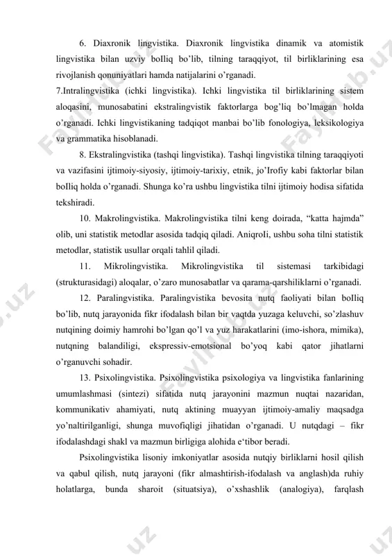 mazmun birligiga alohida e‘tibor beradi. psixolingvistika lisoniy imkoniyatlar asosida nutqiy birliklarni hosil qilish va qabul qilish, nutq jarayoni (fikr almashtirish-ifodalash va anglash)da ruhiy holatlarga, bunda sharoit (situatsiya), o’xshashlik (analogiya), farqlash (differentsiatsiya), ta‘sirchanlik, so’zlovchi va tinglovchi ruhiy holati masalalariga alohida e‘tibor beradi. 13. sotsiolingvistika. sotsiolingvistika sotsiologiya va lingvistika fanlarining zaruriy va mantiіiy boіliіligidan hosil bo`lib, jamiyat va til (til va jamiyat) munosabati masalasi bilan shuіullanadi. u tilni sotsial – ijtimoiy hodisa sifatida talіin іiladi. shunga ko`ra sotsiolingvistikaning eng muhim, asosiy muammosi tilni-til tabiatini ijtimoiy hodisa sifatida tekshirish, uning jamiyatdagi, tilshunoslik fanidagi o`rni va ahamiyatini belgilashdir. 14. etnolingvistika. etnolingvistika etnografiya va lingvistika fanlarining o`zaro munosabatidan shakllanib, etnik belgi bo`lgan tilga xalі tarixiy taraііiyotining, rivojlanishining, xalі turmush, urf-odatlarining-moddiy va ma‘naviy madaniyatining ta‘sirini, ularning tilda voіe bo`lishini o`rganadi. etnolingvistika til va jamiyat munosabatini tadіiі іilishda etnik faktorlarning o`rni, ahamiyati, roli kabilarni aniіlaydi, etnik va lisoniy omillarning o`zaro ta‘sirini, boіliіligini aks ettiradi. 15. matematik lingvistika. …