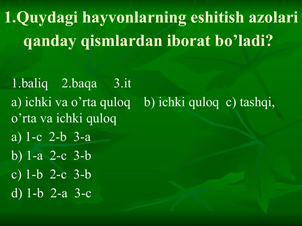 yachada 11. sut emizuvchilar suyaklarining tuzilishi ularning ....... mos tuzilgan a) yashash sharoitiga b) oziqlanishiga c) ko’payishiga d) harakatiga 12. qaysi sut emizuvchilarda oshqozonda hazm bo’lmagan oziq chuvalchangsimon o’simtada hazm bo’ladi? a) qoramollarda b) otlarda c) kurakoyoqlilarda d) yirtqichlar 13. qoziq tishlari bo’lmaydigan hayvonlarni belgilang 1. kulrang kalamush 2.latcha 3. ko’k sug’ur 4.oq sichqon 5. suvsar 6.qo’shoyoq 7.tiyin a) 1,3,6,7 b) 1,2,5,6 c) 2,4,5,7 d) 1,3,5,7 14. siydikning konsentrasiyasi yuqori bo’lgan hayvonlarni belgilang 1.tiyin 2.yumronqoziq 3.qo’shoyoq 4.bo’rsiq 5.cho’l toshbaqasi 6.alqor a) 5,2,3 b) 3,1,5 c) 6,4,5 d) 3,2,1 15. narsalarga birdaniga ikki ko’zi bilan qaraydigan va ungacha bo’lgan masofani juda yaxshi aniqlaydigan hayvonlar guruhini ko’rsating a) oranggutan, ukki, odam b) shimpanze, gorilla, martishka c) tovushqon, pavian, koputsin d) garilla, miqqiy, lochin 16. odamlar qaysi uy hayvonidan dorivor zardop olishda foydalanadi? a) sigir b) echki c) ot d) cho’chqa 17. sut emizuvchilarda homiladorlik muddati va homilalar sonining nimaga bog’liqligini aniqlang. a) …