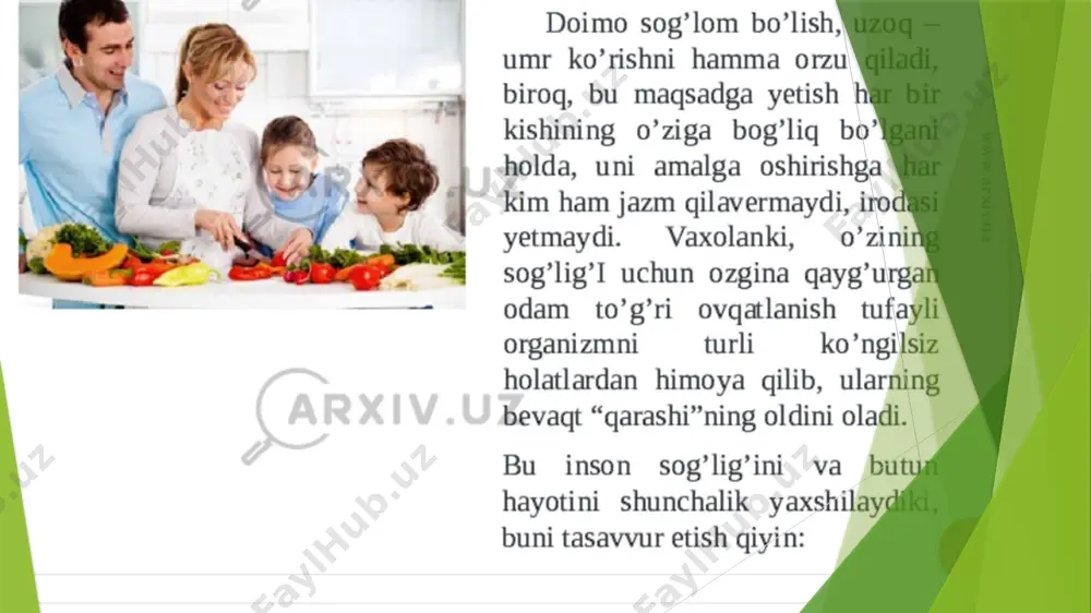 an vaqtdir. kishi keksaygani sayin hazm a’zolarining taomlarni qayta ishlash (gidrolizlash yoki fermentlar yordamida parchalash) hamda so‘rish qobiliyati pasayib boradi. organizmning oqsillarga bo‘lgan ehtiyojini qondirishda qiyin hazm bo‘ladigan go‘sht va go‘sht mahsulotlari, no‘xat, loviya, mosh o‘rniga baliq va sut, qatiq, smetana, pishloq kabi bir muncha oson hazm bo‘ladigan mahsulotlarni iste’mol qilgan ma’qul. boz ustiga baliq va sut mahsulotlaridagi yog‘ ham unchalik xavfli emas. ovqatlanish gigienasining asosiy talablari: sutkalik ratsionning energetik qiymati va kun davomida energiya sarfi miqdori tengligi (sarf miqdori kishining yoshi, jinsi, turmush tarzi va kasbiga bog’liq). iste’mol qilinadigan oziq-ovqat proportsiyalari va organizmning xususiyatlari mos kelishi. ovqatlanishning asosiy komponentlari (oqsil, yog’lar va uglevodlar) nisbati o’rtacha 1 : 1 : 4 bo’lishi kerak, ko’p jismoniy faollikda 1 : 1 : 5, aqliy faoliyat mehnat bilan shug’ullanuvchilarda 1 : 0,8 : 3. sog’likka zarar keltirmaydigan oziq-ovqat mahsulotlarini iste’mol qilish (kimyoviy moddalar va boshqalarsiz). ovqatlanishlarni kun davomida taqsimlash — optimal variant 4-5 …