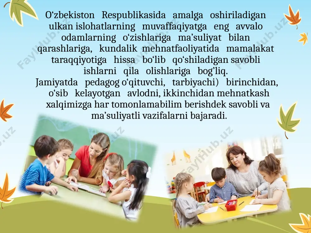 ko‘rsatadi; badiiy adabiyot asarlariga qiziqish namoyon qiladi; so‘zning lug‘aviy, bo‘g‘inli va fonetik tuzilishi to‘g‘risida tasavvurga ega bo‘ladi; turli ma’no shakllarini mustaqil ravishda tuzish va so‘zlab berishni biladi; yozishning dastlabki malakalari va vositalaridan foydalanishni biladi bilish jarayonining rivojlanishi sohasidagi o‘quv-tarbiyaviy faoliyat yakuniga etganidan so‘ng 6-7 yoshli bola: bilim olishga faol qiziqishni namoyon etadi; o‘quv va hayotiy faoliyat uchun axborotni mustaqil ravishda topadi va undan foydalanadi; predmetlar, voqealar va ko‘rinishlar o‘rtasidagi oddiy aloqalarni tushunadi va ularni yaxlit bir butunlik sifatida idrok qiladi; raqamlar, hisob-kitobni biladi va ularni hayotda qo‘llaydi; makon, shakl va vaqtga mos ravishda ish tutadi; elementar matematik hisoblashlarni amalga oshiradi; atrof-muhitdagi voqea-hodisalar va ko‘rinishlarni kuzatadi hamda tadqiq qiladi; atrof-muhitga nisbatan ehtiyotkorona va g‘amxo‘r munosabatni namoyon etadi. «ijodkorlik» sohasidagi o‘quv-tarbiyaviy faoliyat yakuniga etganidan so‘ng 6-7 yoshli bola: san’at va madaniyatga qiziqish namoyon qiladi; milliy an’analarni qadrlaydi va ularni kundalik hayotning bir qismi sifatida idrok etadi; san’atning muayyan turini afzal ko‘rishini mustaqil …