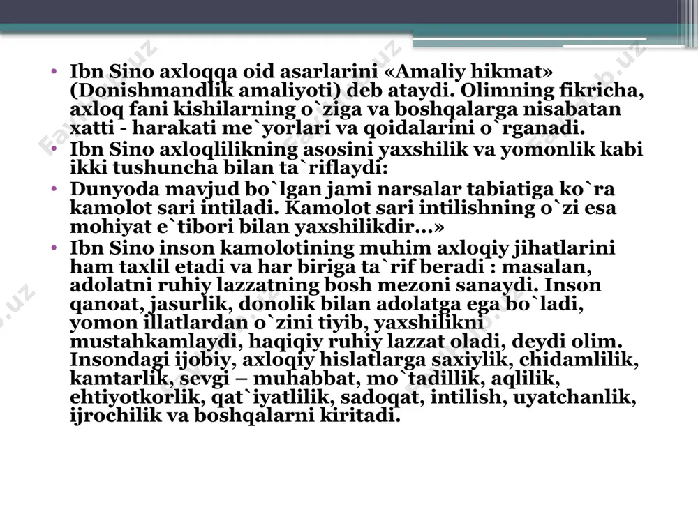 chi bo`lib jismoniy tarbiyaning ilmiy pedagogik jihatdan bir butun tizimini yaratdi. jismoniy mashqlar, to`g`ri ovqatlanish, uyqu, badanni toza tutish tartibiga rioya etish inson sog`lig`ini saqlashda muhim omillardan ekanligini ham ilmiy ham amaliy jihatdan asosladi. bolaga ham hali u tug`ilmasdan turib g`amxo`rlik qilish, go`daklik lavridan boshlab tarbiyani boshlash zarurligini ta`kidlaydi. bolaning yetuk nson bo`lib shakllanishida unga g`amxo`rlik, poklik, mas`uliyatni his etish, do`stona manosabatlar tuyg`usini singdirib borish zarur, deydi olim. ibn sinoning jahon fani va madaniyati rivojiga qo`shgan hissasini e`tiborga olib, jordano bruno ibn sinoni qadimgi yunonistonning buyuk faylasufi aristotel, (vrach) tabib golenlar bilan teng qatorga qo`ysa, a.dante o`zining «ilohiy komediya»sida olimni ptolomey, evklid, gippokratlarga tenglashtiradi. nemis faylasufi l.feyirbax olimni «mashhur tabib va faylasuf»dir desa, hindostonning buyuk davlat arbobi j.neru o`zining «hindistonning ochilishi»degan asarida o`rta osiyo olimlarining tilga olar ekan, ibn sino nomini alohida ta`kidlab: demak, ibn sinoning shaxsiy faoliyati dunyoviy ilmlarni o`rganish haqidagi ti`limotlari, ta`lim-tarbiya haqidagi mulohazalari, umuminsoniy pedagogik fikr taraqqiyotida …